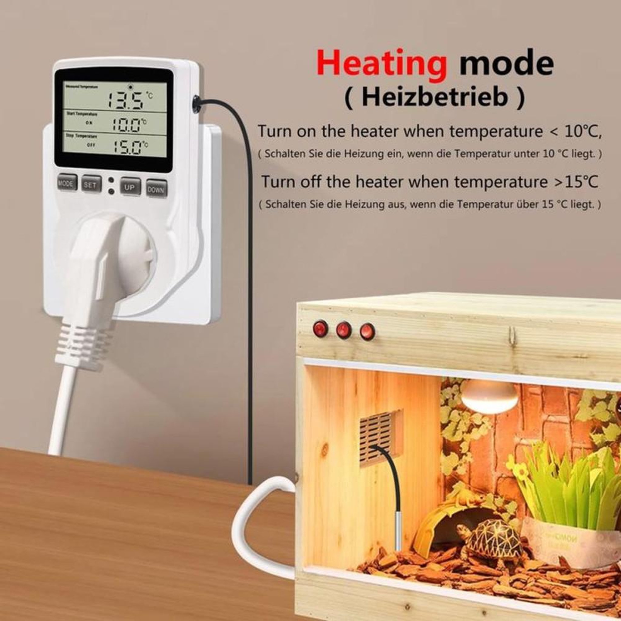 Voir la diapositive 3 : Thermostat contrôleur de température plug-in avec sonde 3 m 230 V, 16 A, 3680 W, écran LCD HD, -40 à 120 °C, modes chauffage/refroidissement et minuterie
