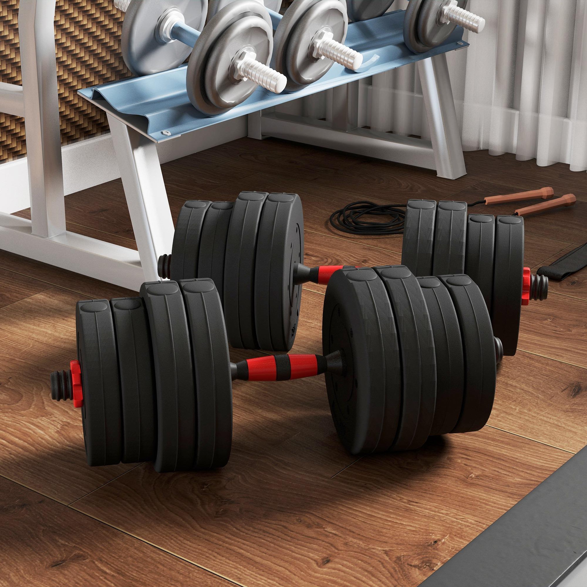 Voir la diapositive 2 : HOMCOM Ensemble d'haltères courtes total 30 kg - barres incluses - entraînement musculaire & haltérophilie - acier hdpe noir rouge