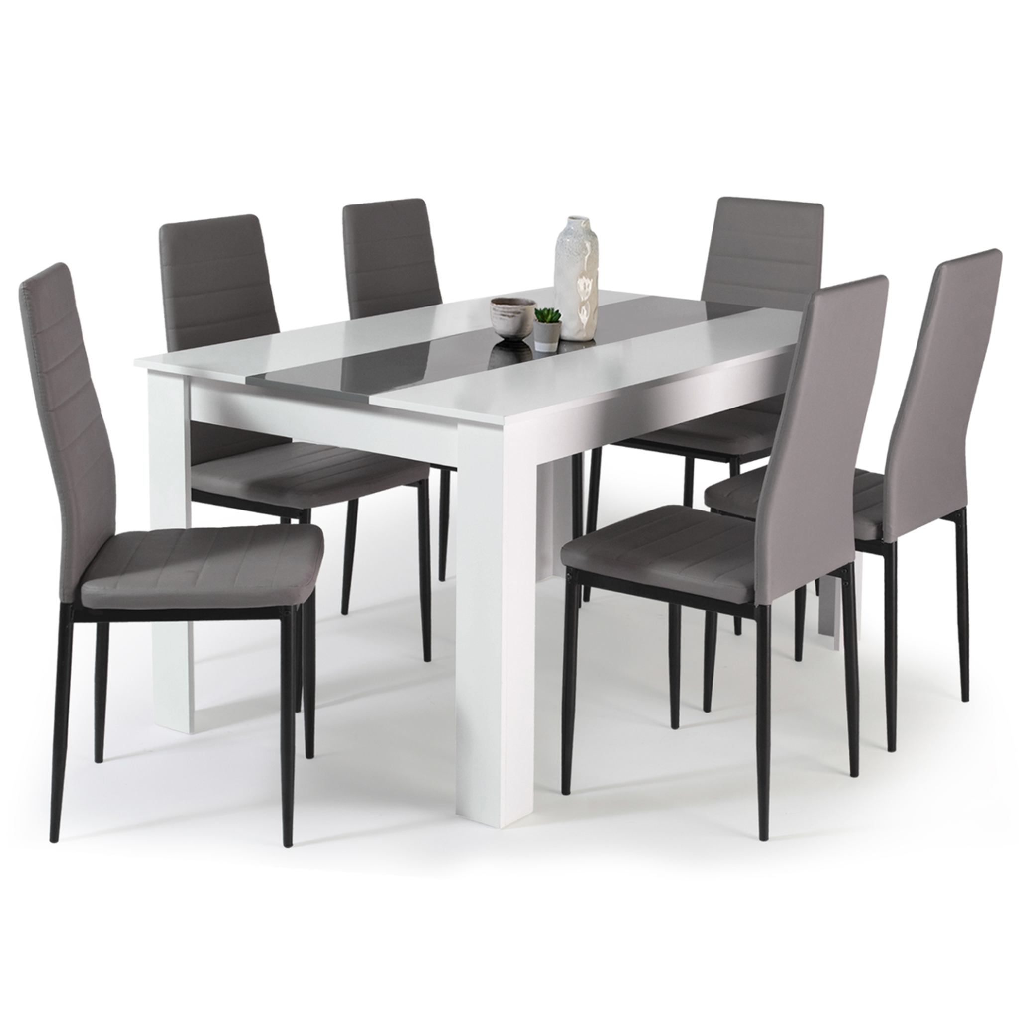 ID MARKET Ensemble table à manger georgia 140 cm blanche et grise et 6 chaises romane grises