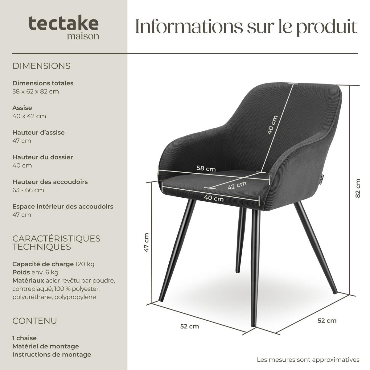 tectake Chaise de salle à manger rembourrée en velours côtelé anthracite-noir