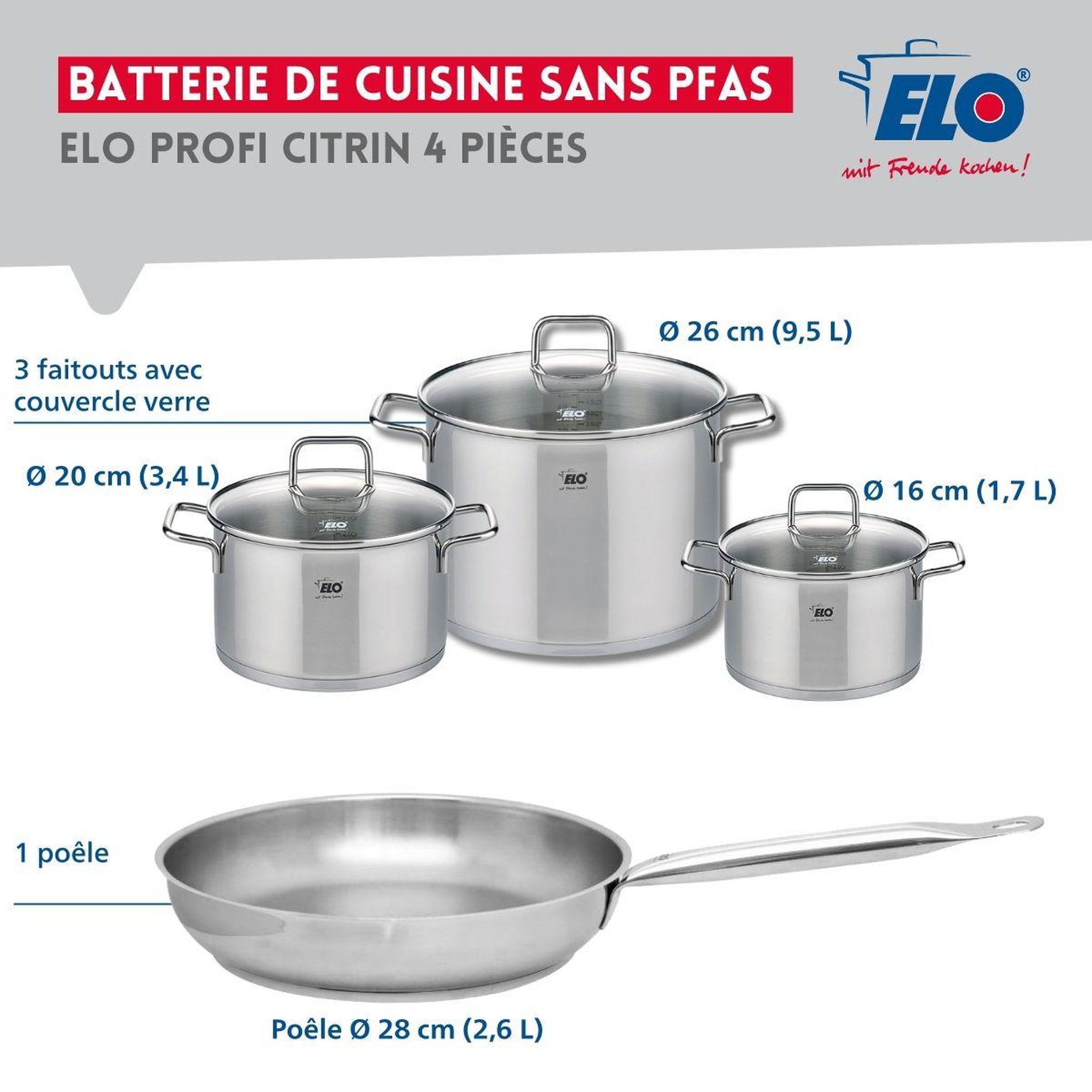 Voir la diapositive 2 : ELO Ensemble de 1 poêle de cuisson 28 cm et 3 faitouts 16, 20 et 26 cm elo profi citrin