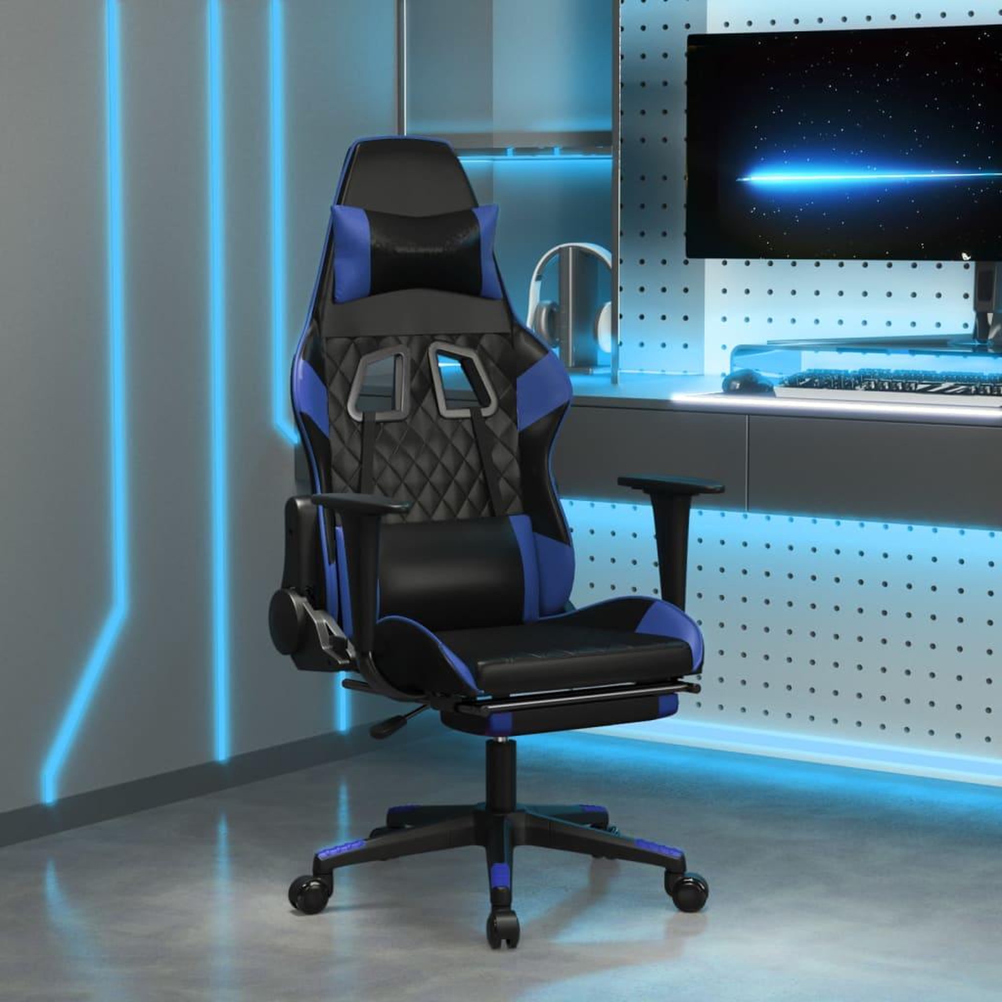 Voir la diapositive 1 : VIDAXL Chaise de jeu avec repose-pied Noir et bleu Similicuir