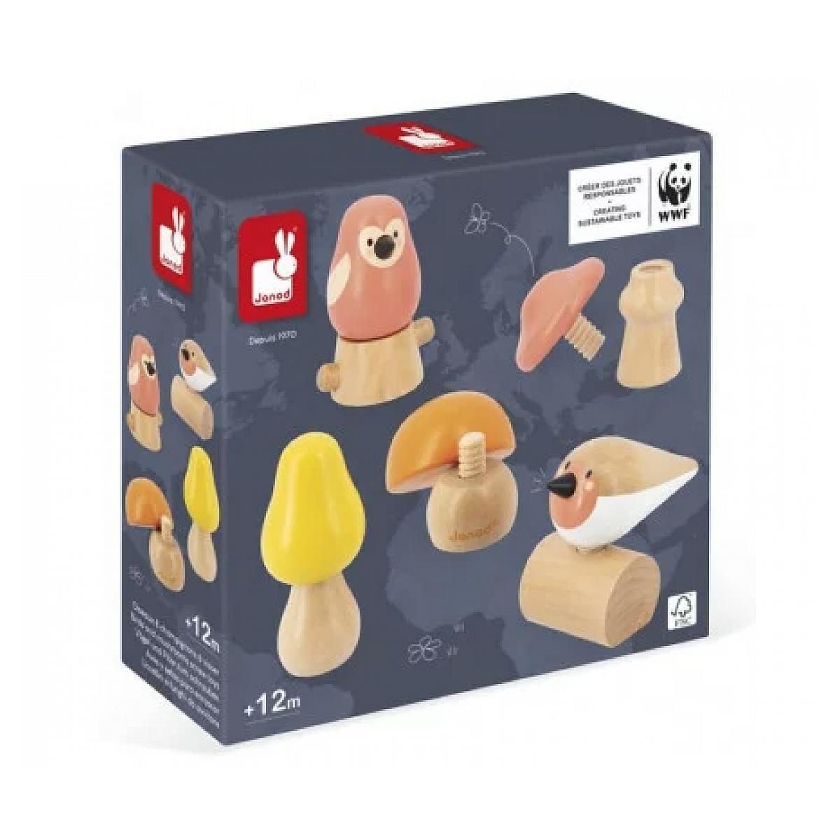 Juratoys-Janod WWF - Ensemble de Jouets en Bois à Visser avec Oiseaux et Champignons pour Développer la Motricité Fine des Enfants