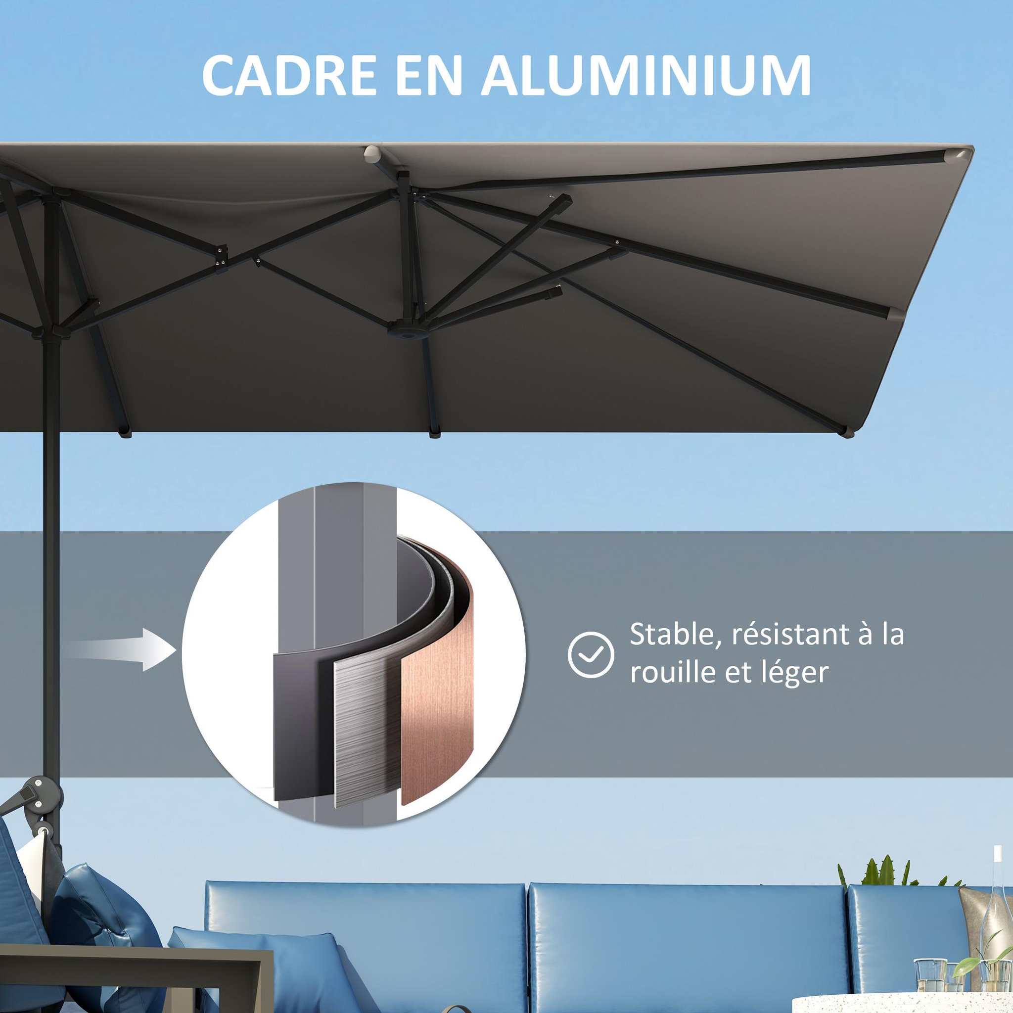 Voir la diapositive 6 : OUTSUNNY Parasol de jardin grande taille dim. 4,51 x 2,64 m manivelle alu métal polyester haute densité UPF 50+ gris