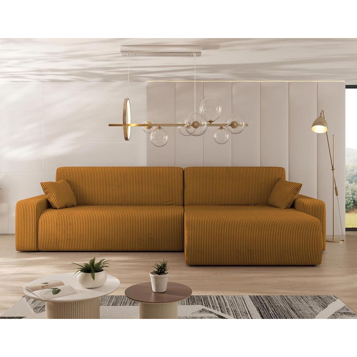 BEST MOBILIER Artemisa - canapé d'angle réversible 5 places convertible avec coffre en velours côtelé