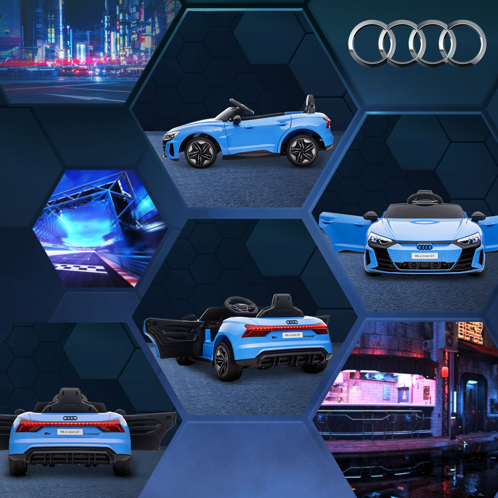 Voir la diapositive 5 : HOMCOM Véhicule électrique enfant Audi RS e-tron GT V. max. 5 Km/h télécommande effets sonores + lumineux bleu