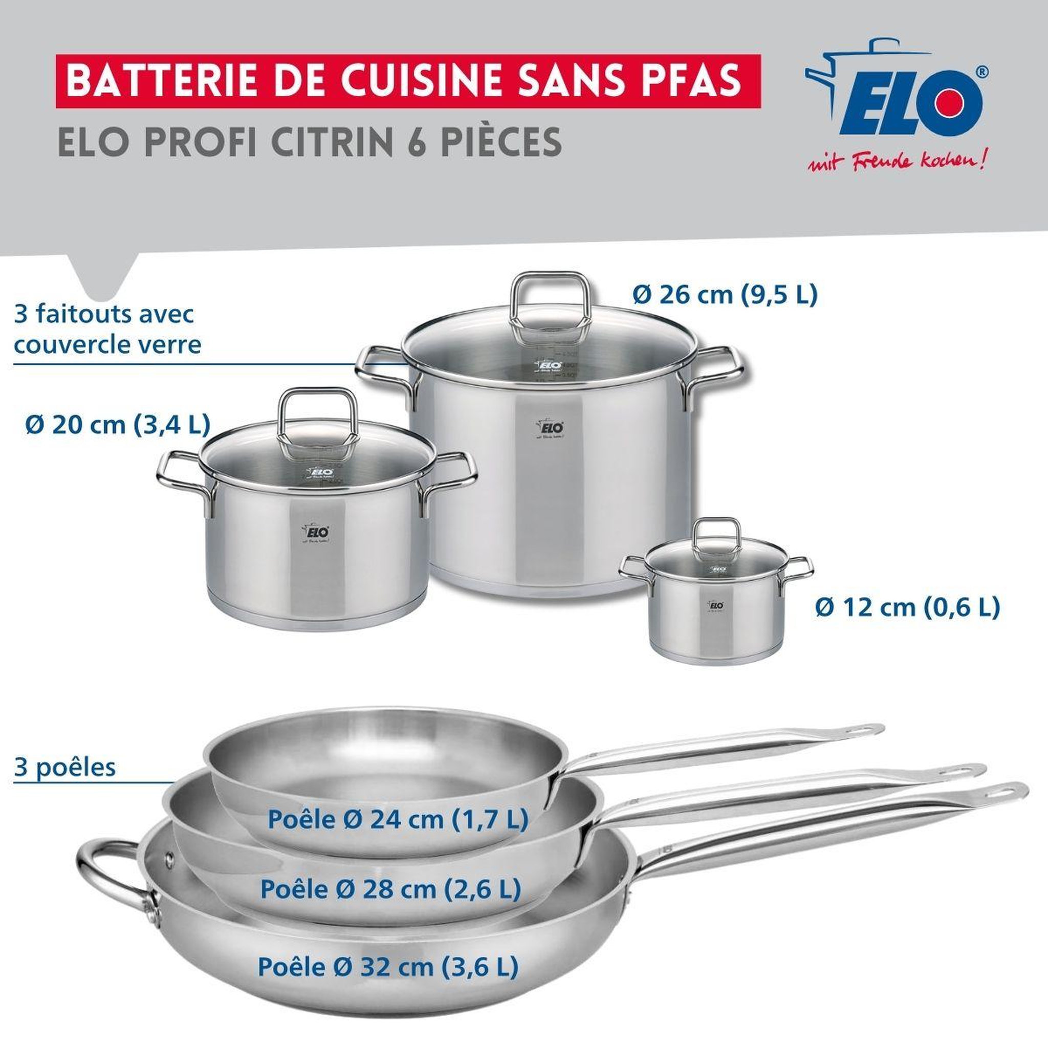 Voir la diapositive 2 : ELO Ensemble de 3 poêles de cuisson 24, 28 et 32 cm et 3 faitouts 12, 20 et 26 cm elo profi citrin
