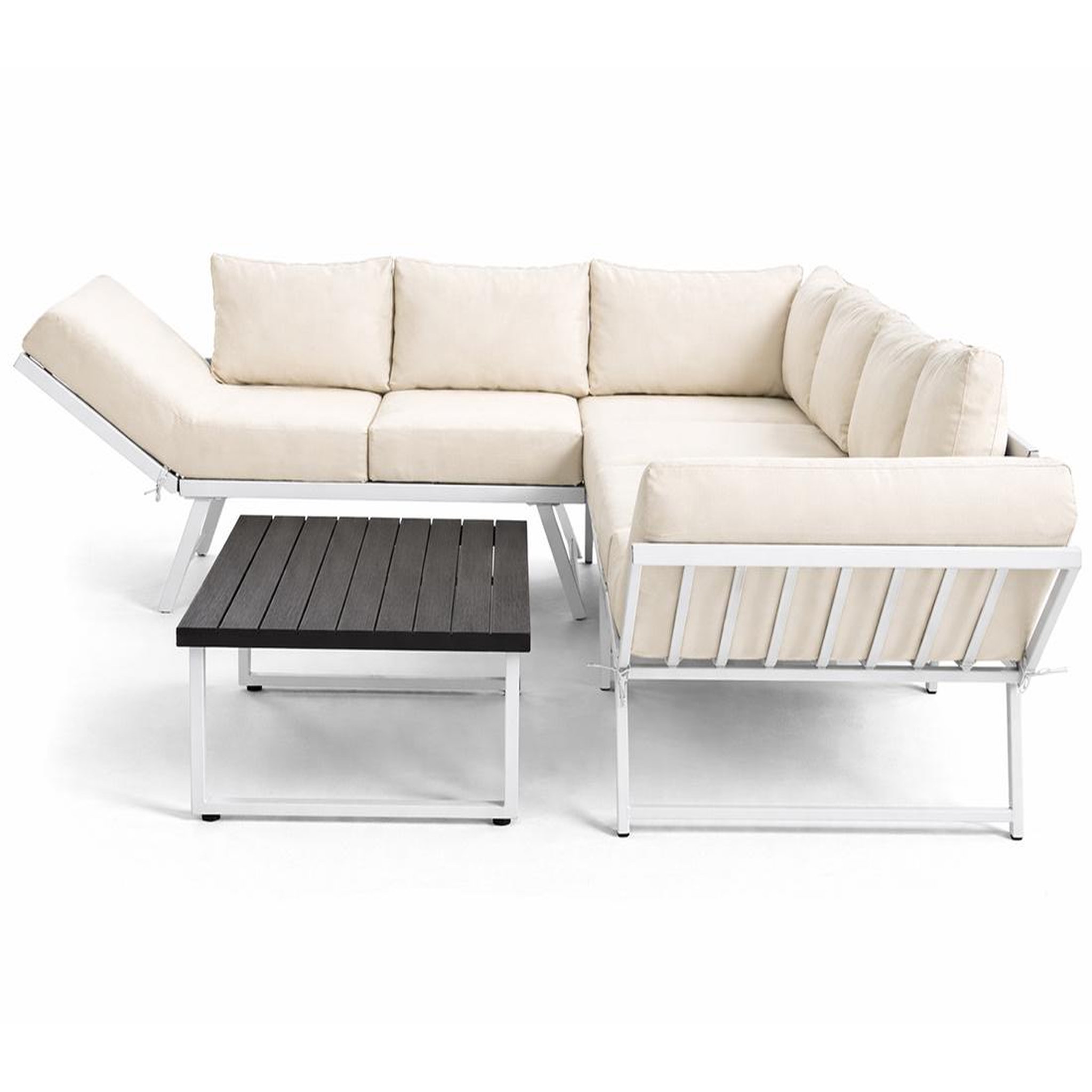 Voir la diapositive 1 : BEST MOBILIER Konna - salon de jardin d'angle en acier blanc - 5 places - coussin beige et table incluse