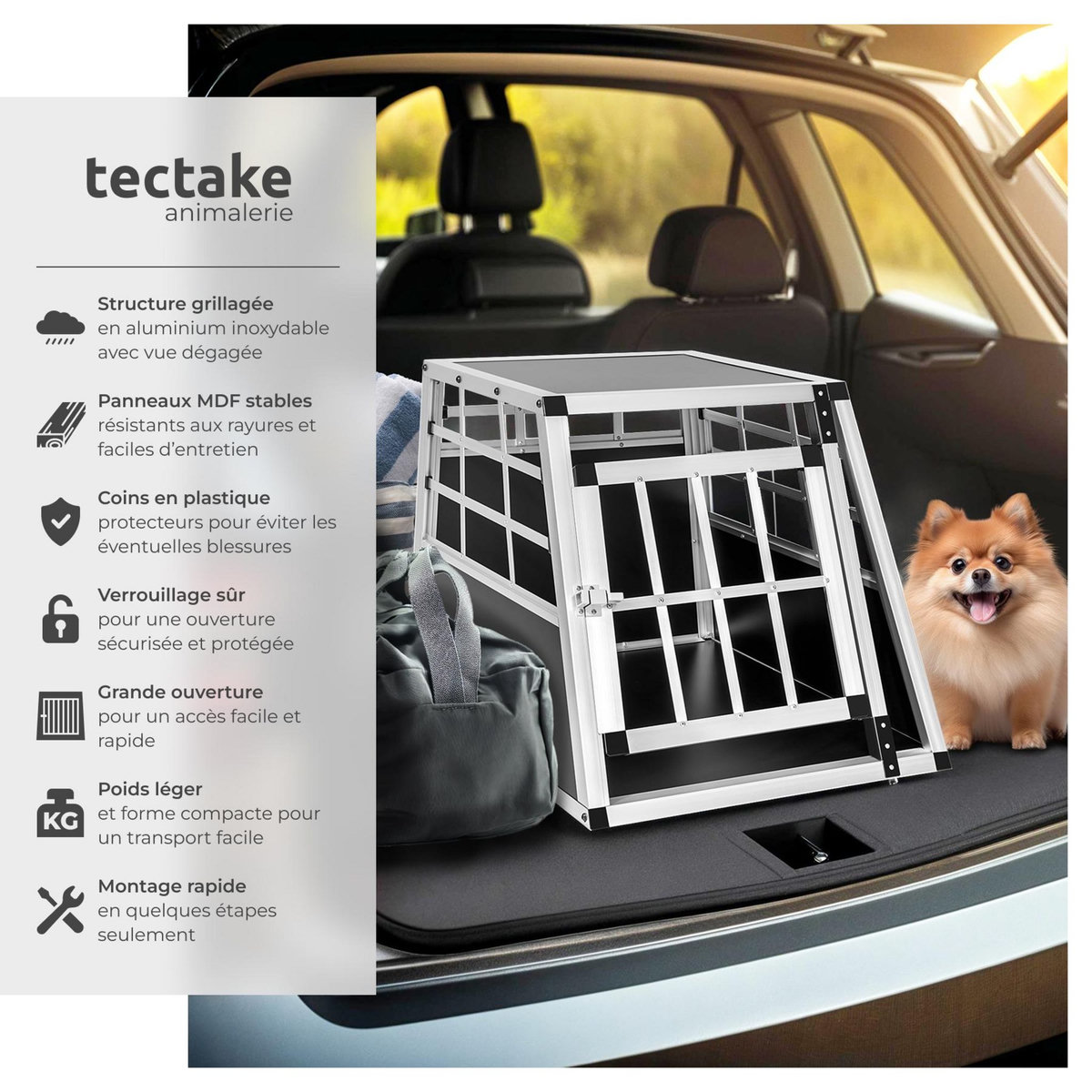 tectake Cage de transport pour chiens sécurisée avec dos droit noir 54 x 69 x 50 cm