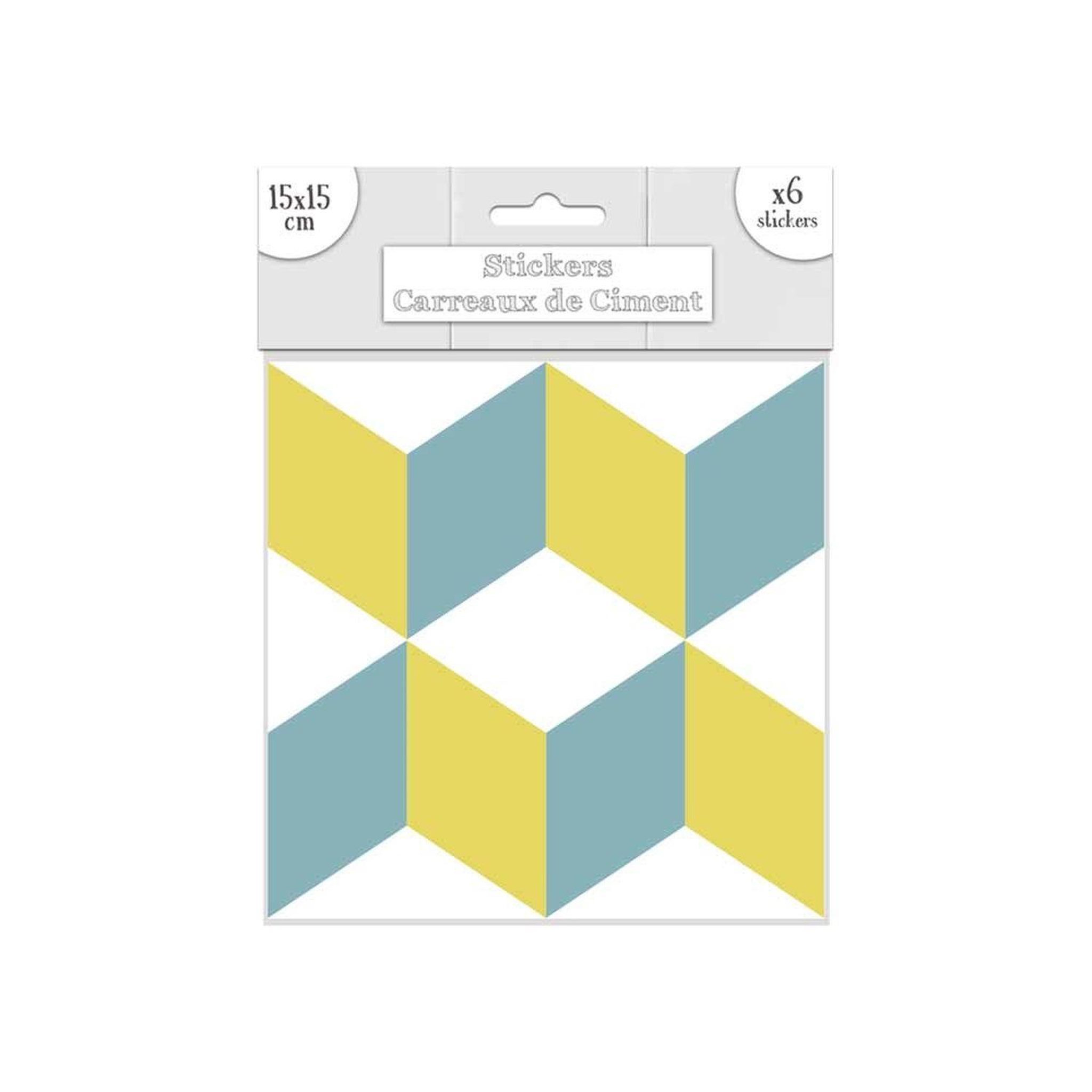 SUD TRADING 6 stickers carreaux de ciment - 15 x 15 cm - bleu et jaune et blanc
