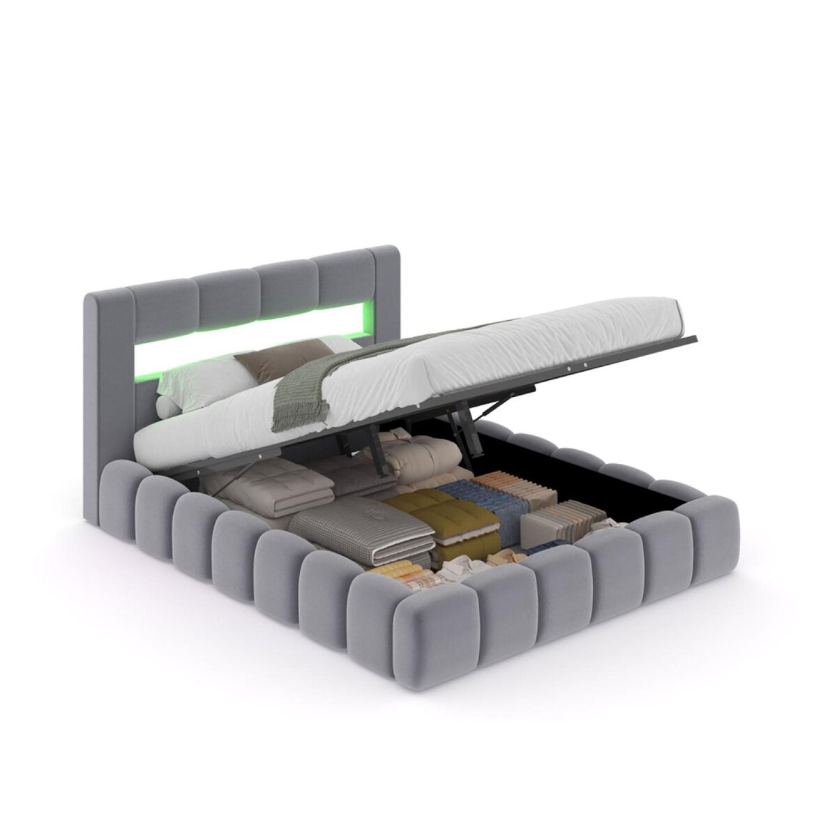 CONCEPT USINE Lit nuage coffre LED 140x190cm velours gris OMAHA