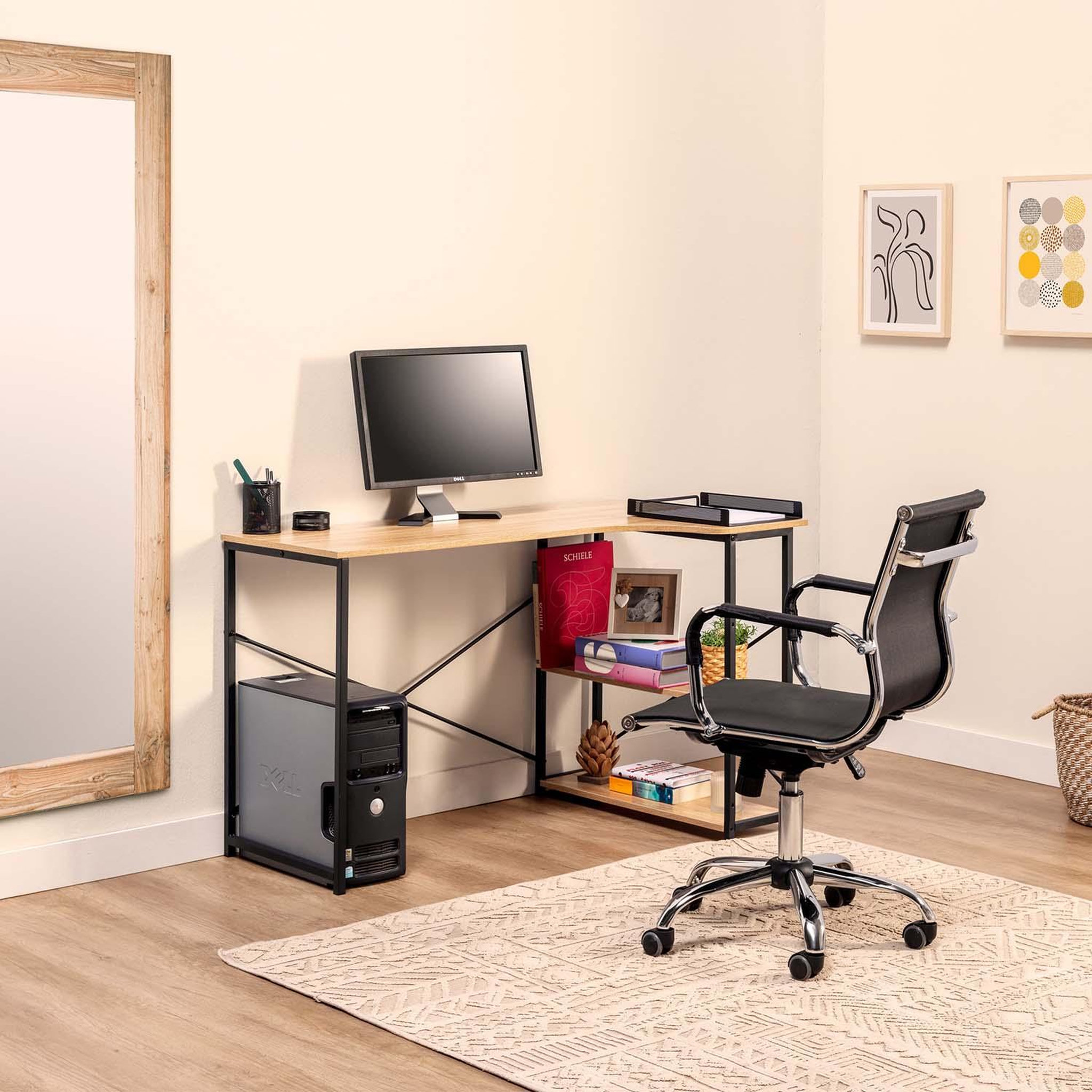 Voir la diapositive 2 : VS VENTA-STOCK Bureau Juani noir, 2 étagères, style industriel, 120 cm longueur