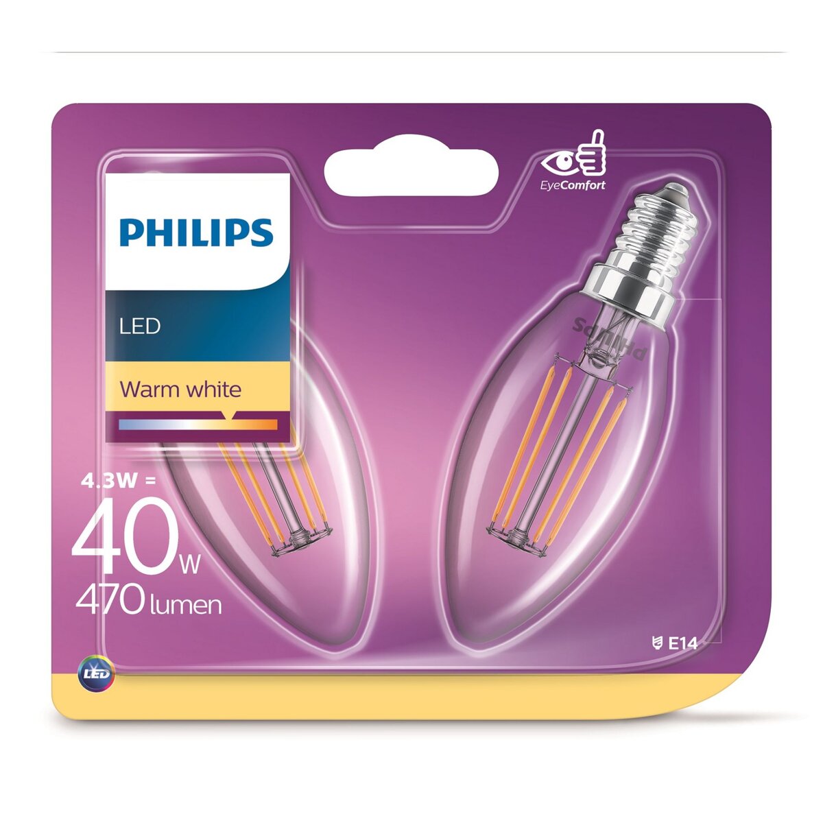 PHILIPS 2 ampoules LED Flamme filament 4,3W (40W) E14 pas cher