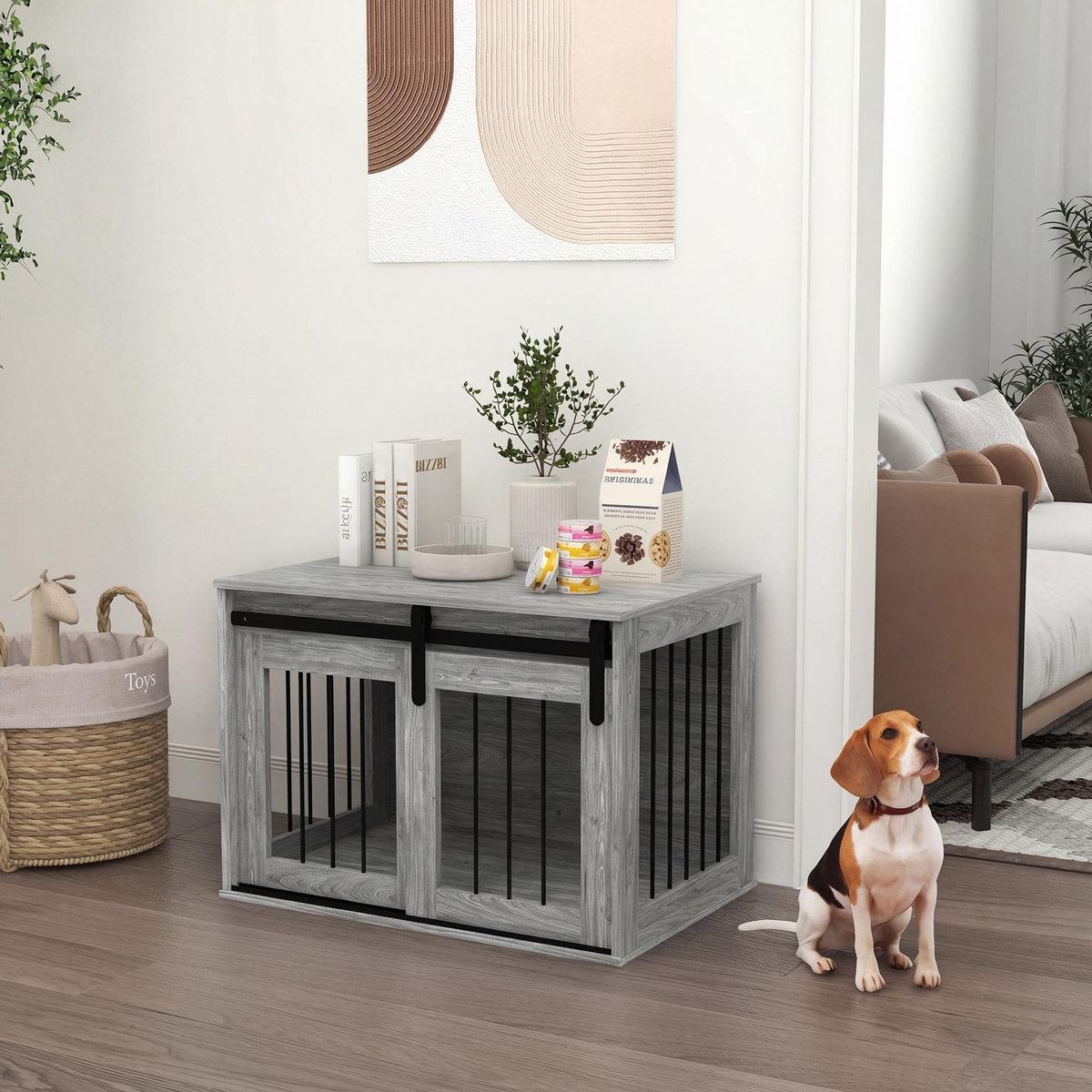 PAWHUT Cage pour chien animaux style industriel - porte coulissante verrouillable - acier noir aspect bois gris