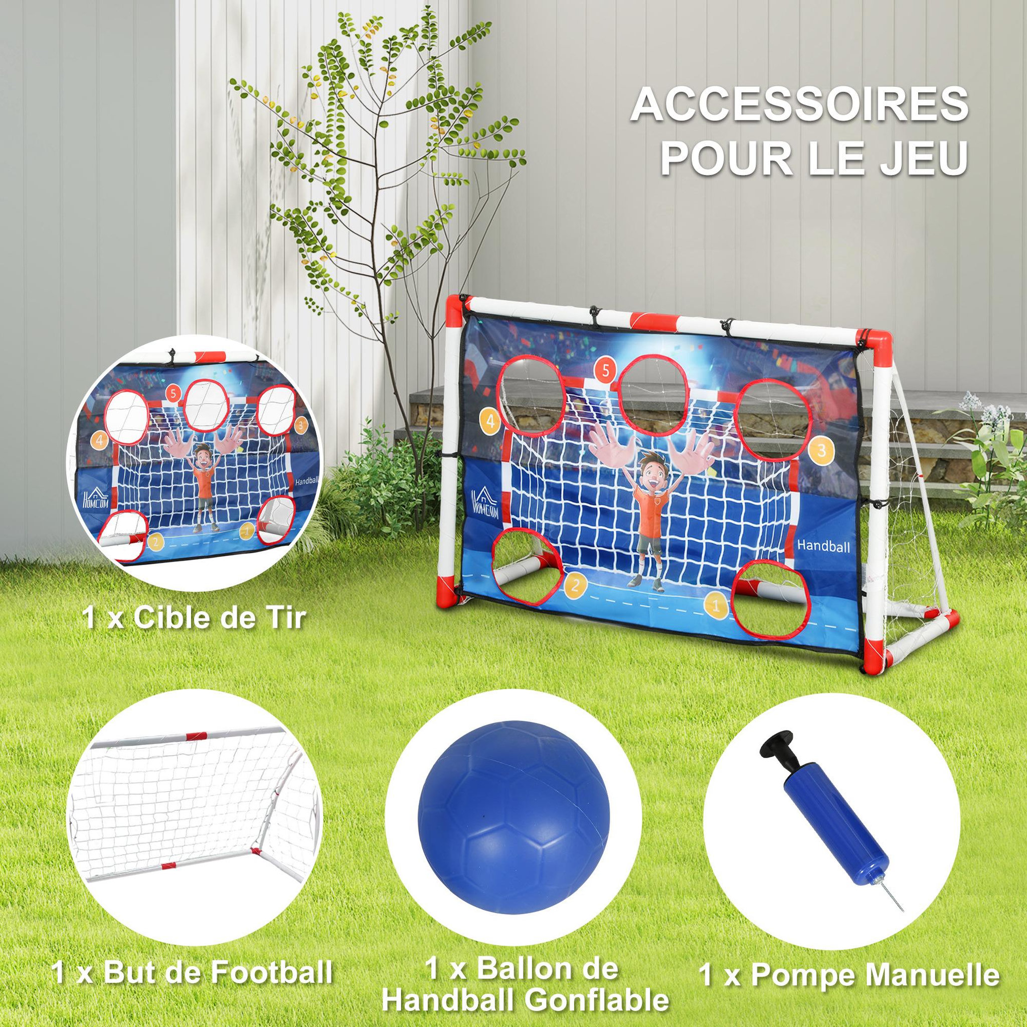 Voir la diapositive 2 : HOMCOM Cage de handball enfant 5 zones cibles - balle, pompe, piquets inclus - blanc rouge