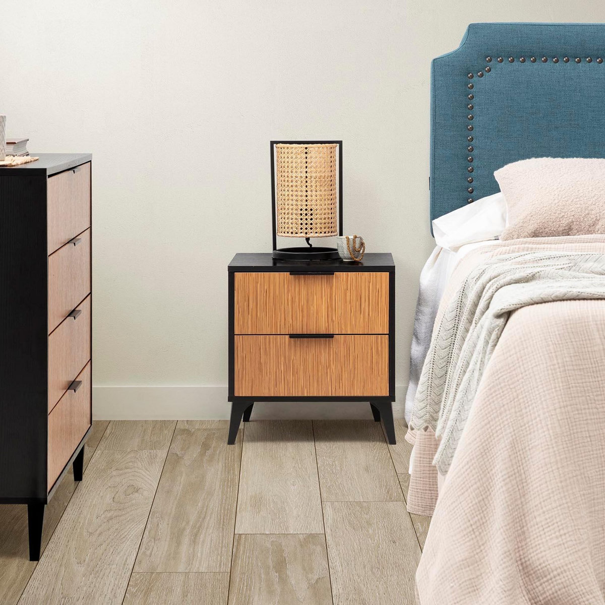 VS VENTA-STOCK Table de chevet Denis 2 tiroirs couleur Noir/Bois