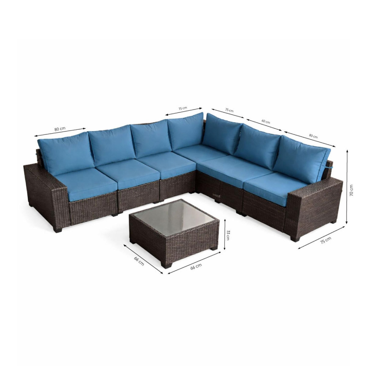 CONCEPT USINE Salon de jardin d'angle 7 places en résine tressée avec table gris et bleu LAZARO