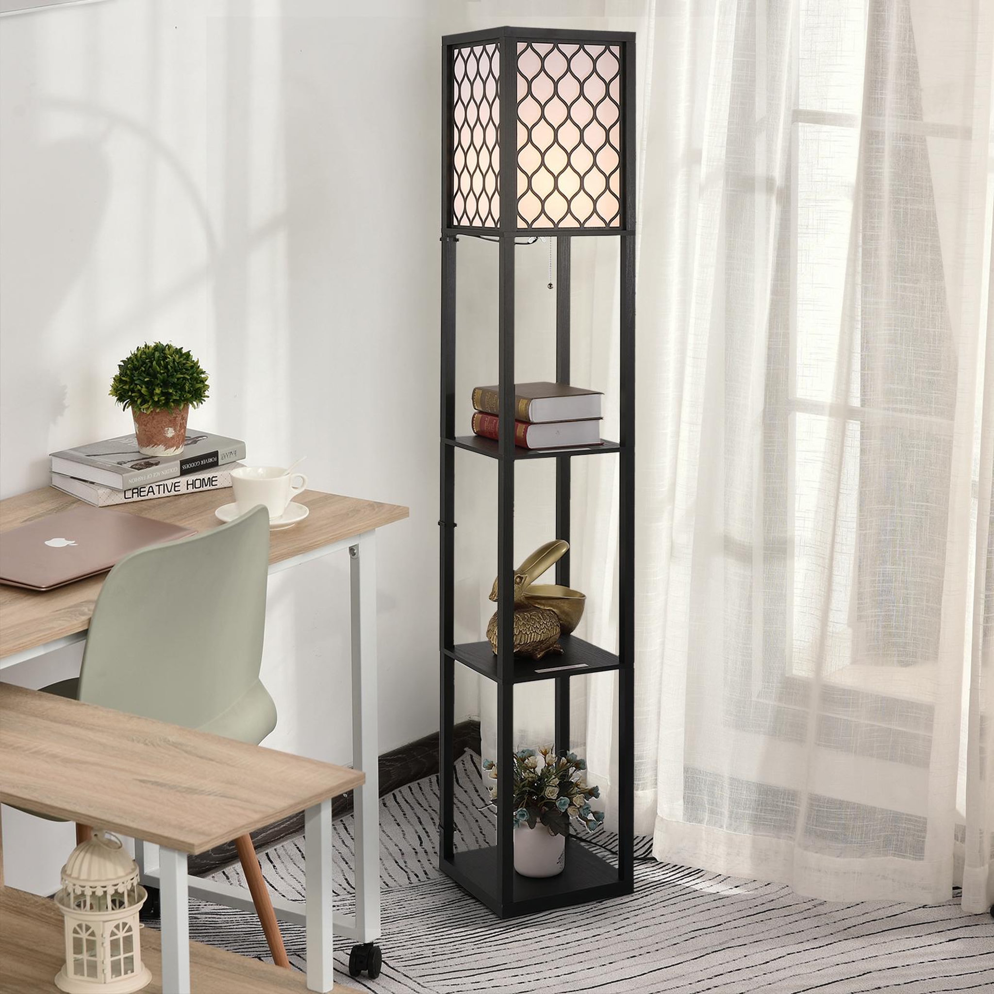 Voir la diapositive 2 : HOMCOM Lampadaire étagère lampe étagère 26l x 26l x 160h cm 3 étagères 4 niveaux mdf noir motif nid d'abeille