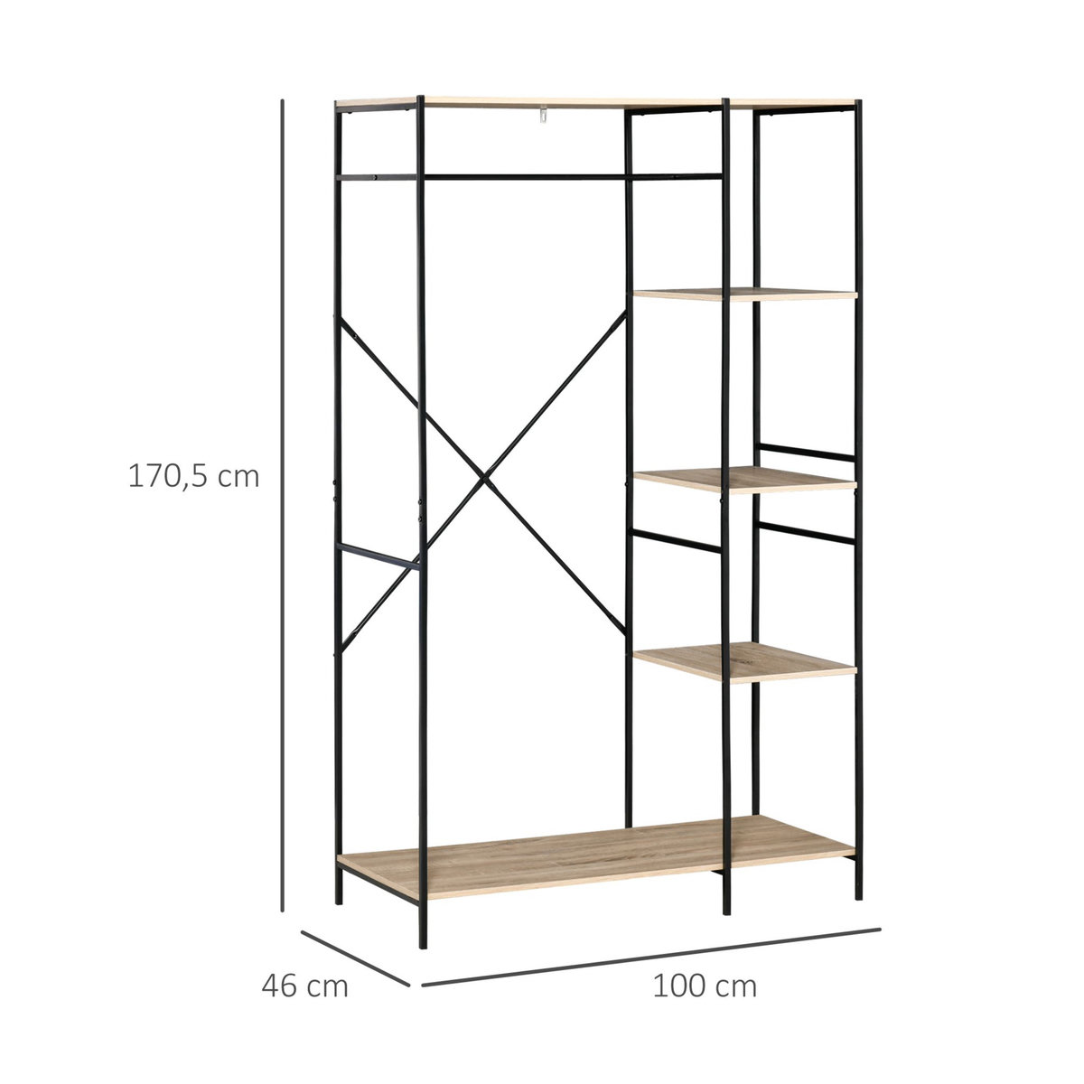 HOMCOM Penderie portant à vêtements style industriel en métal avec tringle et 4 étagères - dim. 100L x 46L x 170,5H cm - métal aspect chêne clair