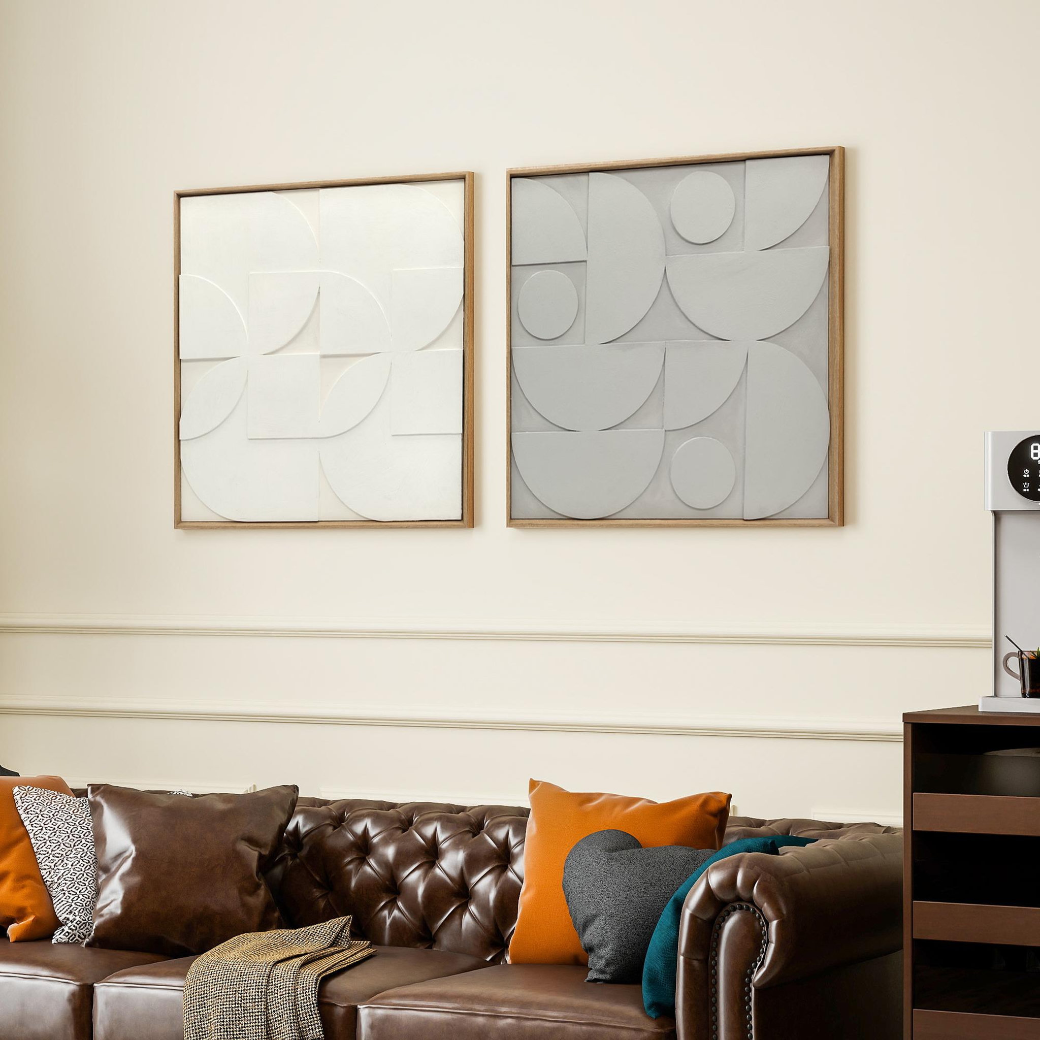 Voir la diapositive 4 : HOMCOM Lot de 2 tableaux murales 3D texturés gris blanc - tableaux décoratifs en relief 80 x 80 cm - cadre effet bois