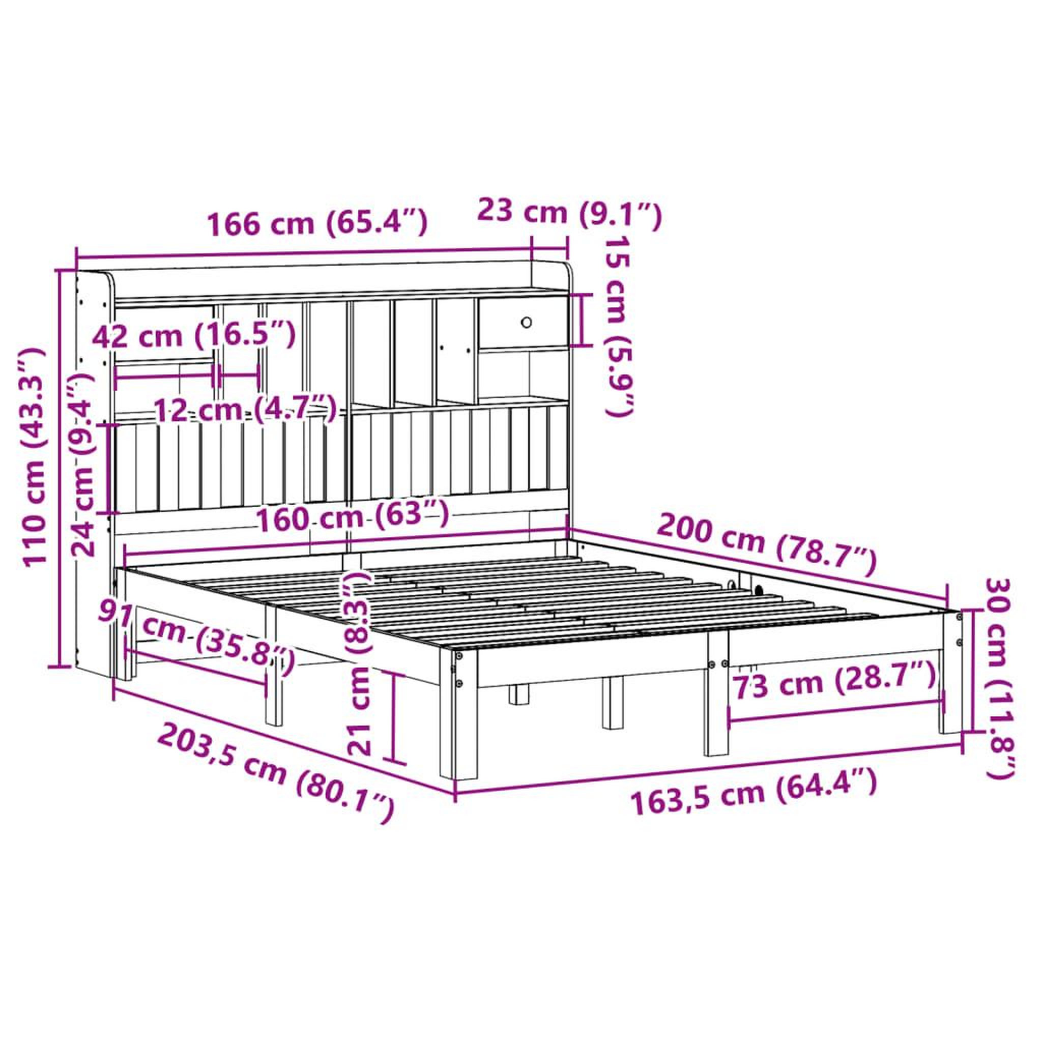 Voir la diapositive 6 : VIDAXL Lit bibliotheque sans matelas blanc 160x200 cm bois pin massif