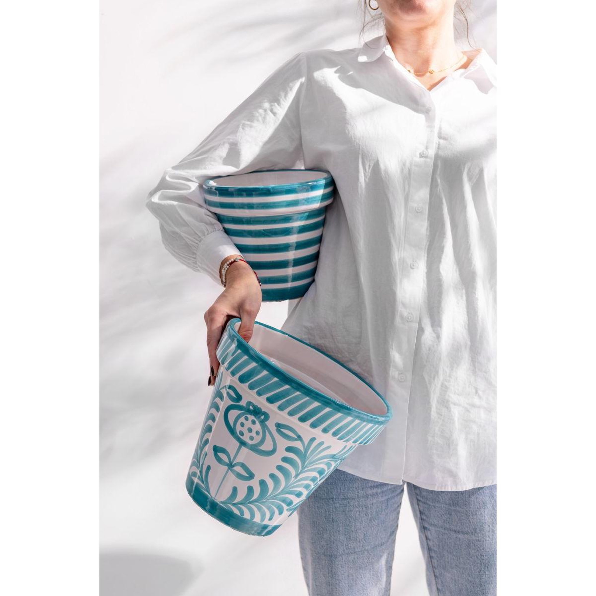 Voir la diapositive 5 : J-LINE Pot avec soucoupe en céramique  granada rayure  21cm bleu aqua