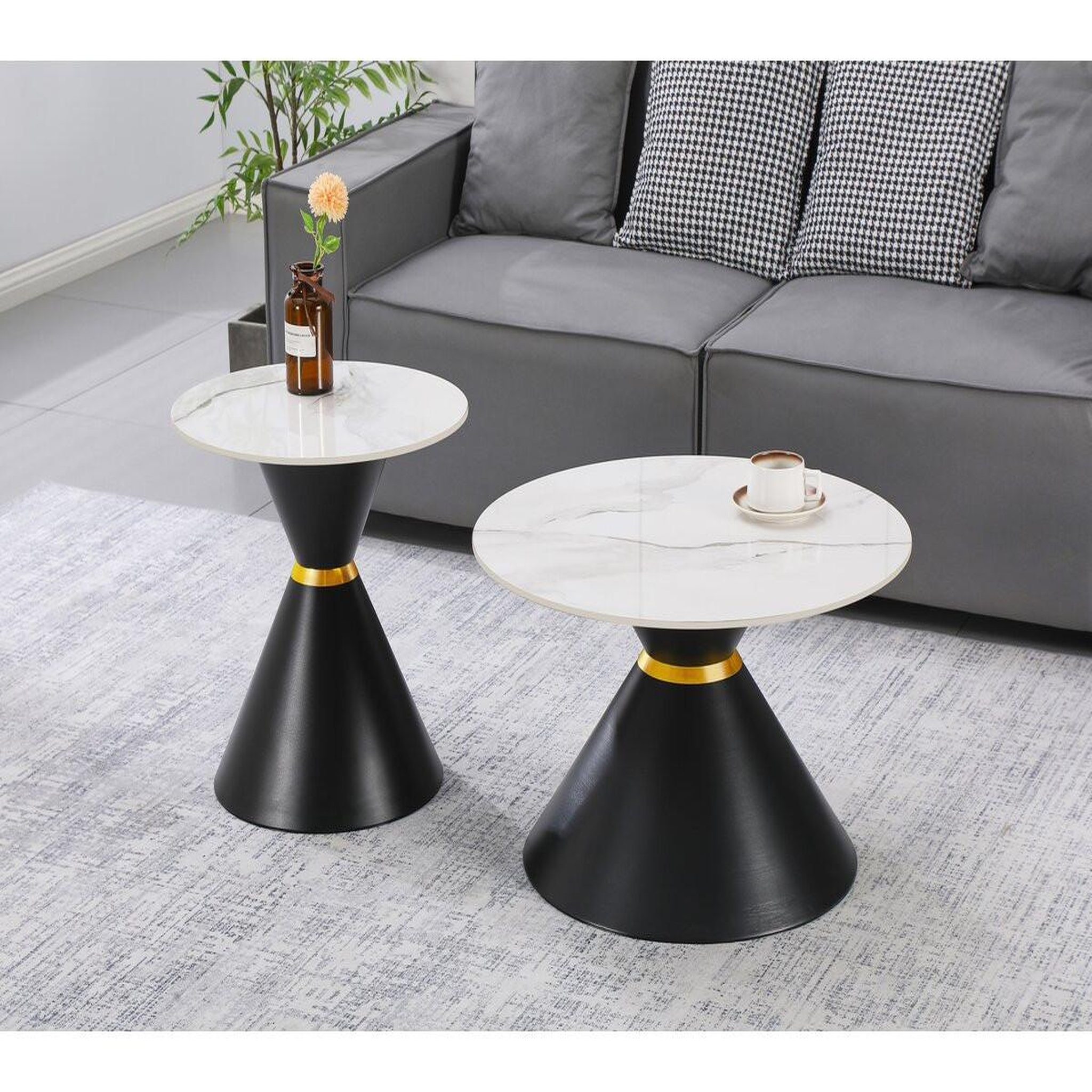 Voir la diapositive 2 : Habitat et Jardin Lot de 2 tables basses gigognes en céramique  lune  - 70 x 70 x 42 cm - gris/blanc