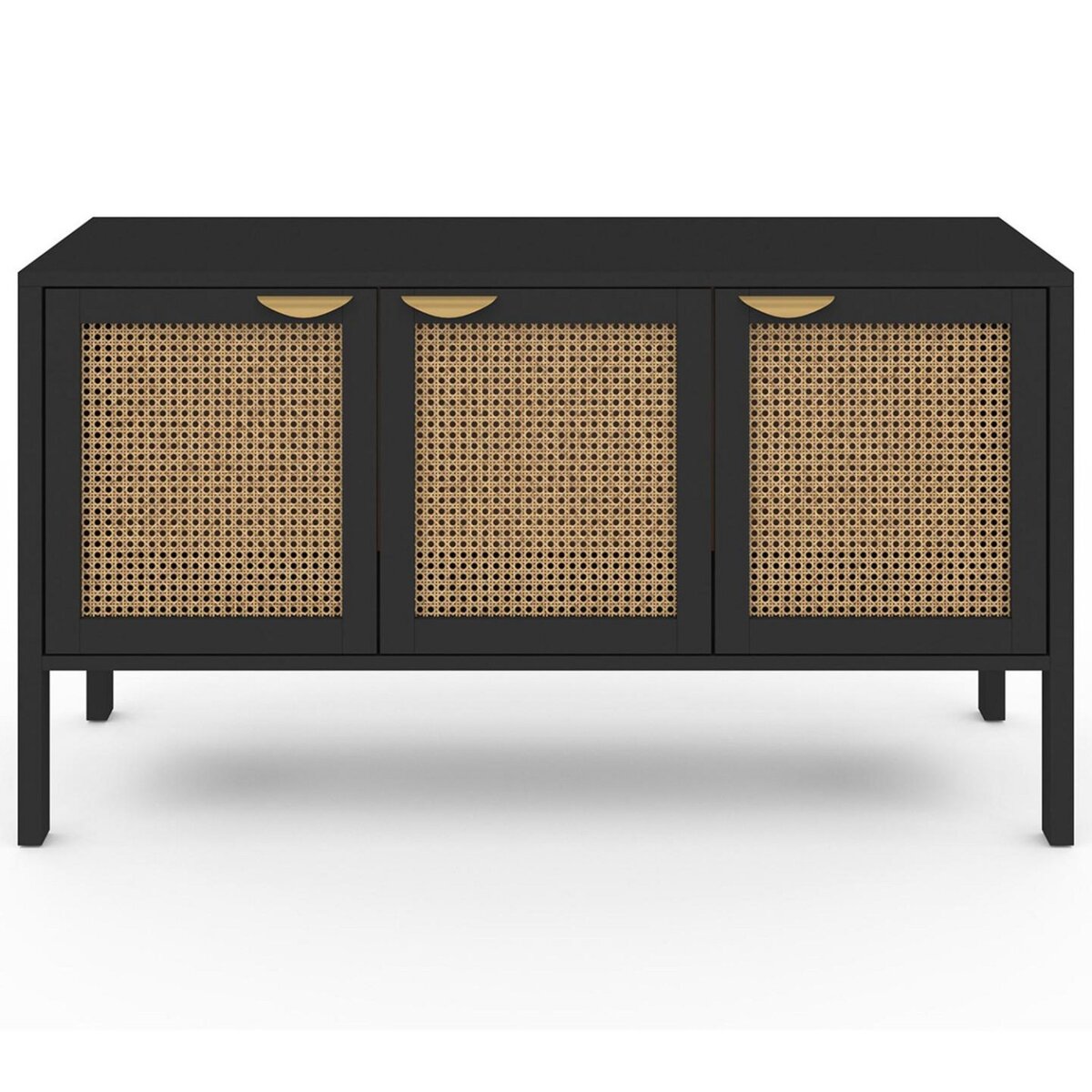 ID MARKET Buffet bas 110 cm EDHEN 3 portes bois noir et cannage