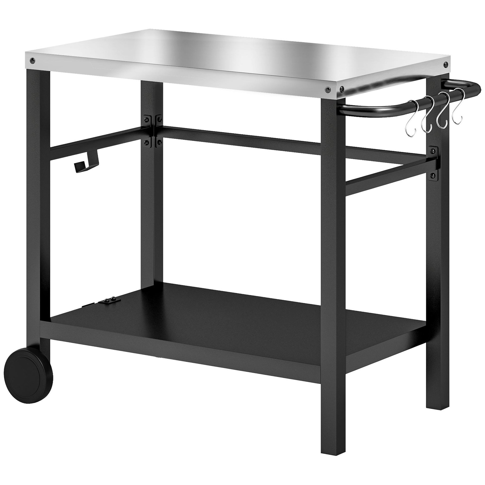 OUTSUNNY Desserte jardin - chariot pour plancha barbecue - étagère, 4 + 1 crochets - métal gris plateau acier inox