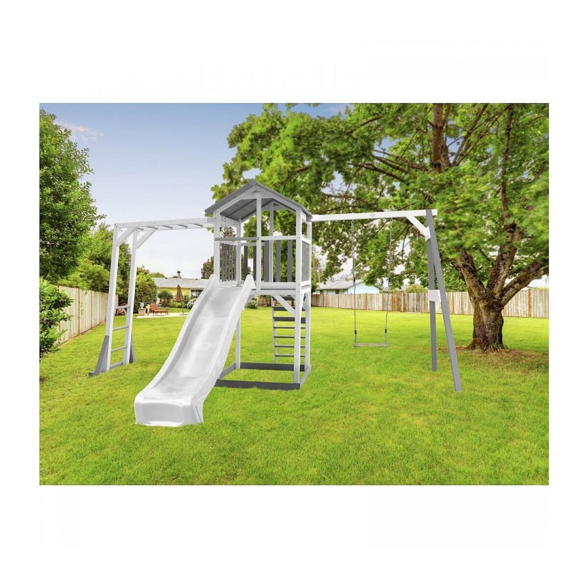 Axi House AXI Structure de jeu Beach Tower Blanc Gris avec cadre d'escalade 1 balancoire et toboggan Blanc