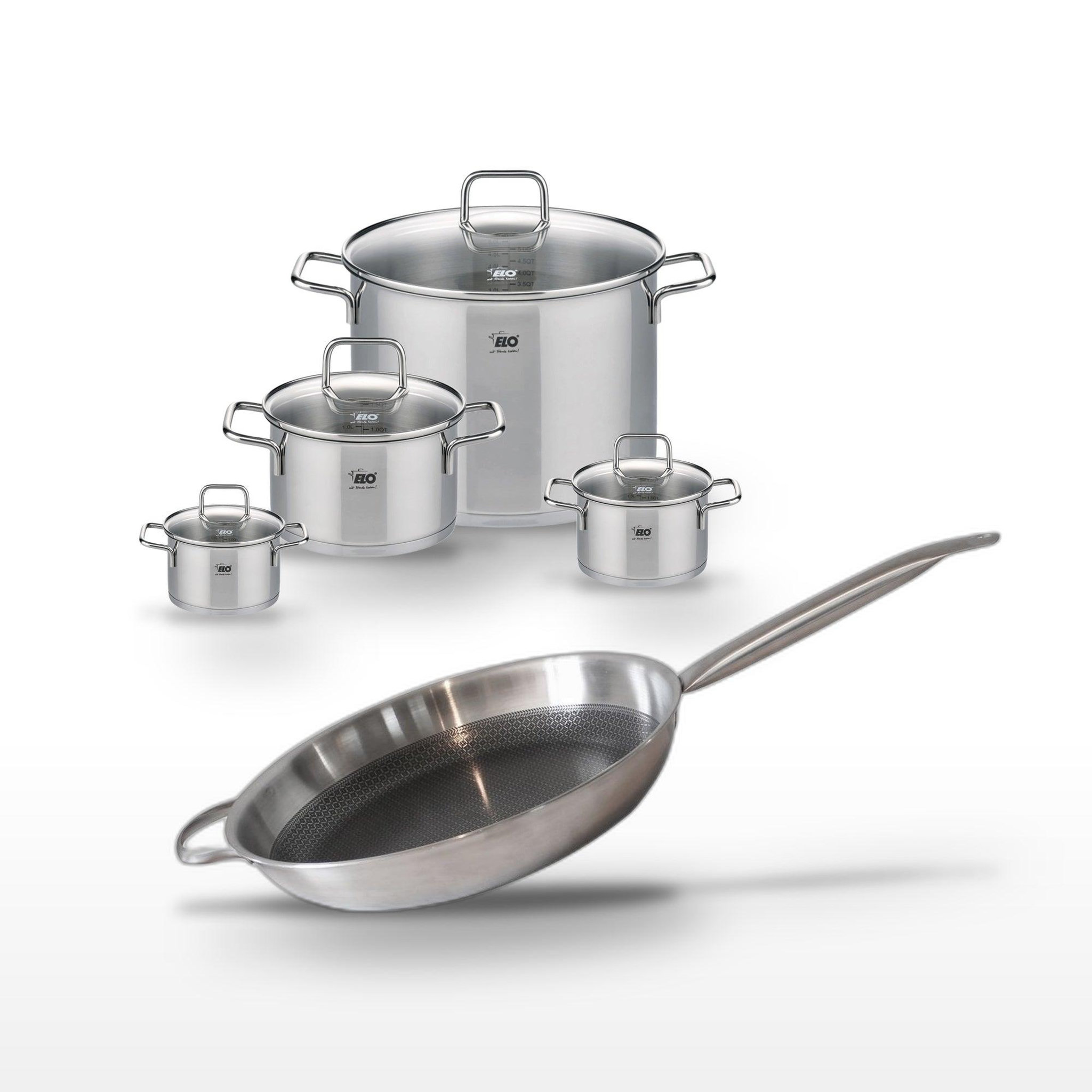 ELO Batterie de cuisine avec 2 faitouts 12/14 cm 2 faitouts 20/26 cm et 1 poêle de cuisson 32 cm en inox sans pfas elo collection relief solution citrin