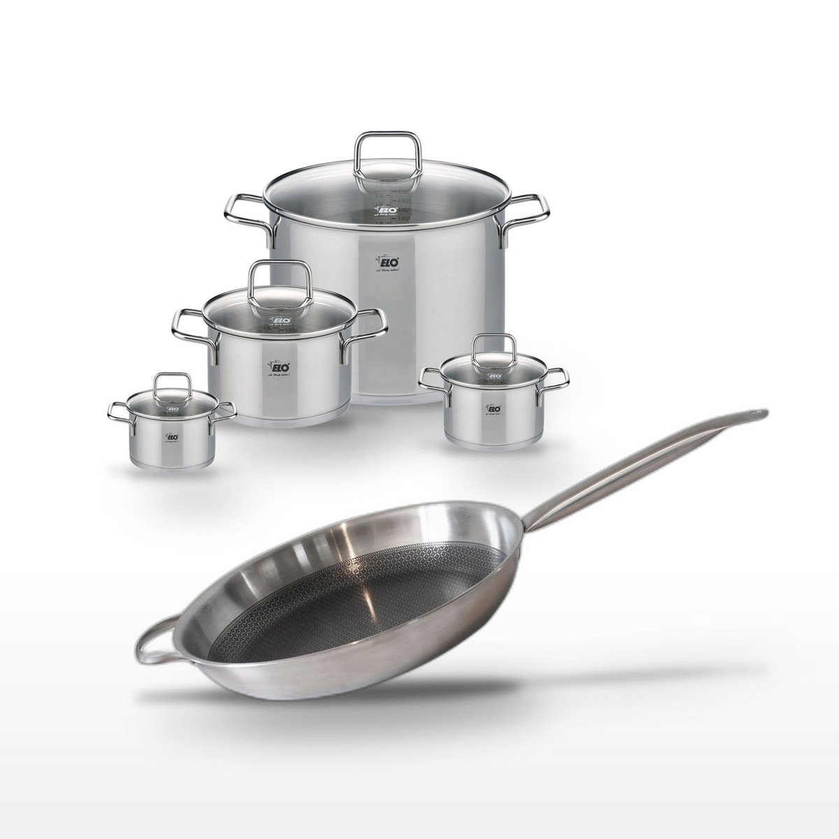 ELO Lot 4 Faitouts 12/14/20/26 cm & Poêle 32 cm Elo Relief Solution