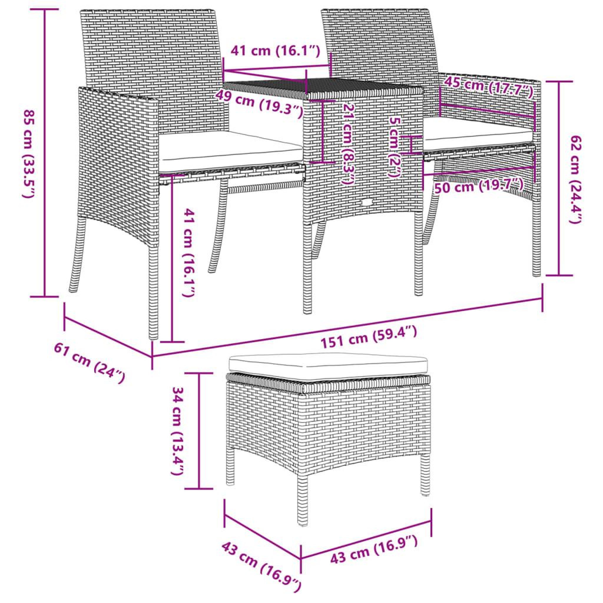 Voir la diapositive 6 : VIDAXL Canape de jardin 2 places avec table et tabourets marron rotin