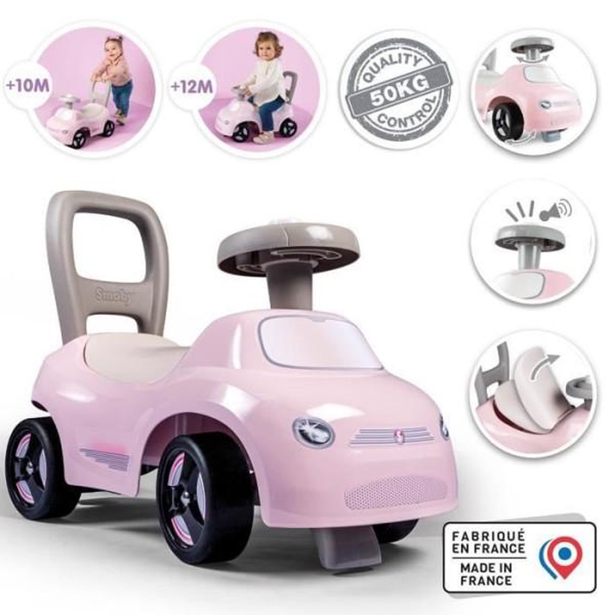 SMOBY Porteur trotteur smoby -  enfant 2 en 1 - auto rose - coffre sous la selle + klaxon - des 10 mois - fabrication française