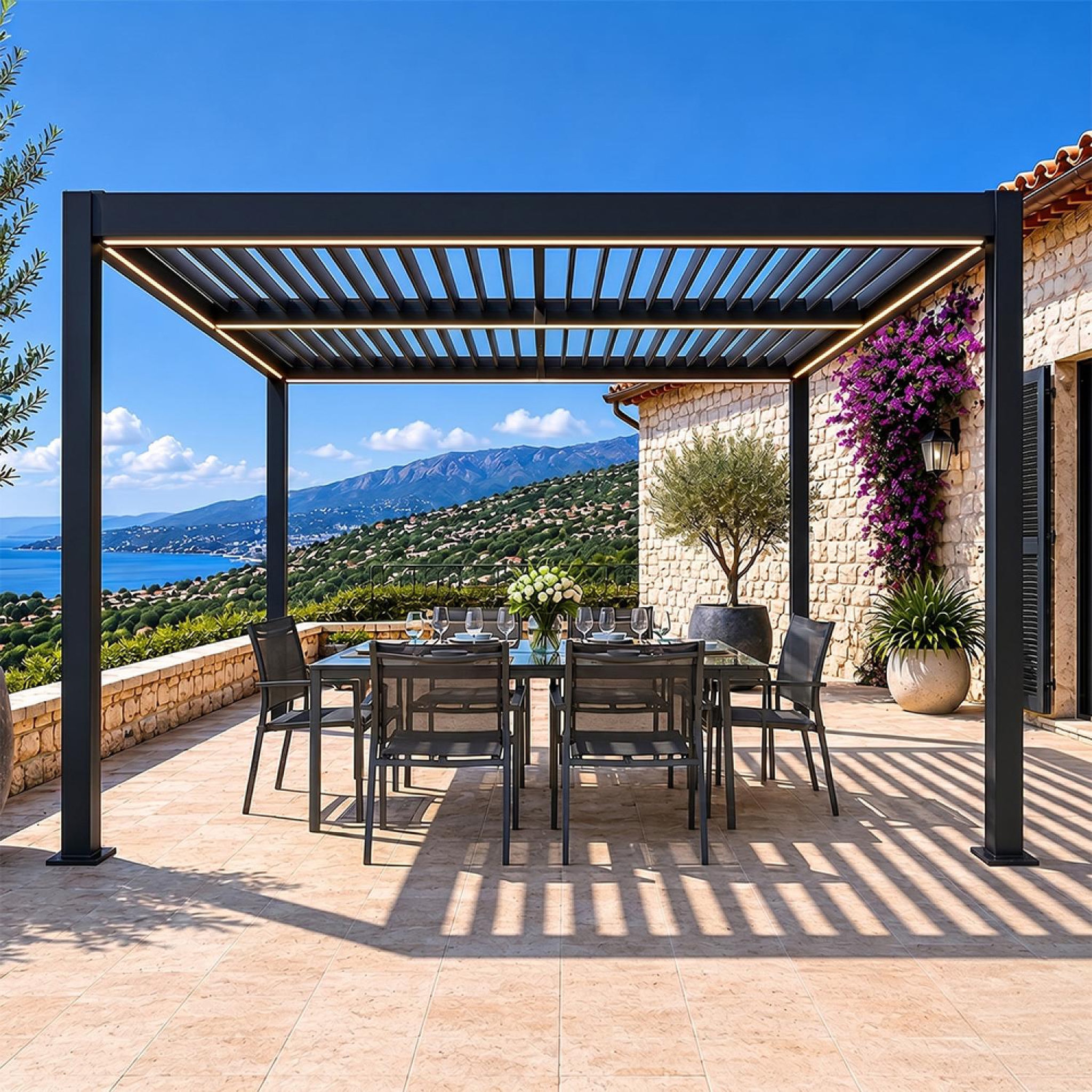 Voir la diapositive 5 : CONCEPT USINE Pergola bioclimatique à led 3x3m structure aluminium lames orientables corfu