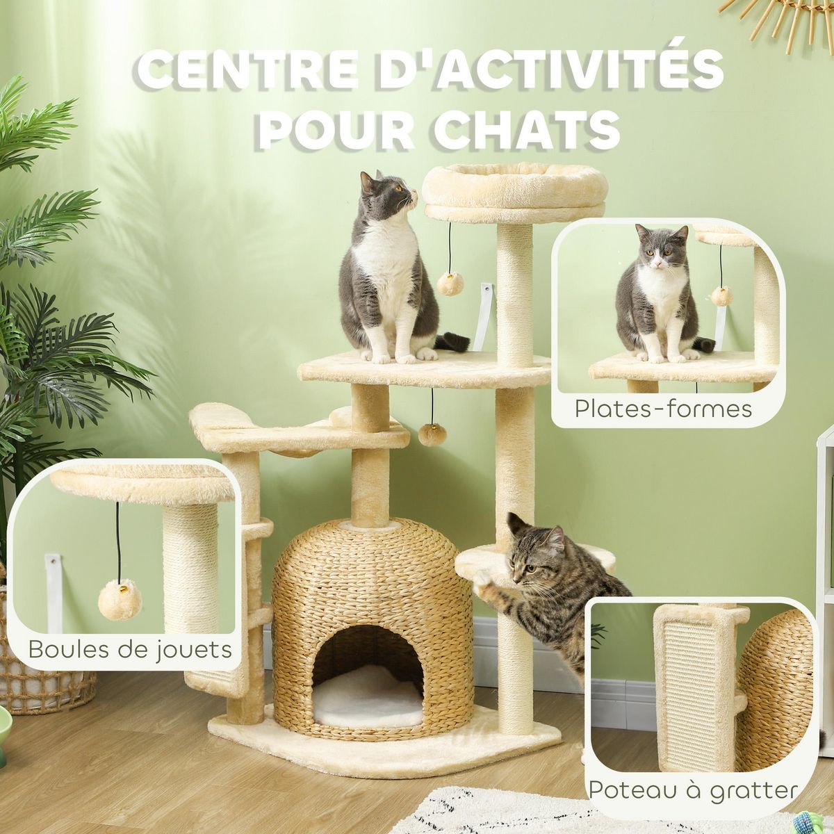 PAWHUT Arbre à chat style cosy chic - grande niche coussin, griffoir, grattoir, hamac, plateformes, boules - beige