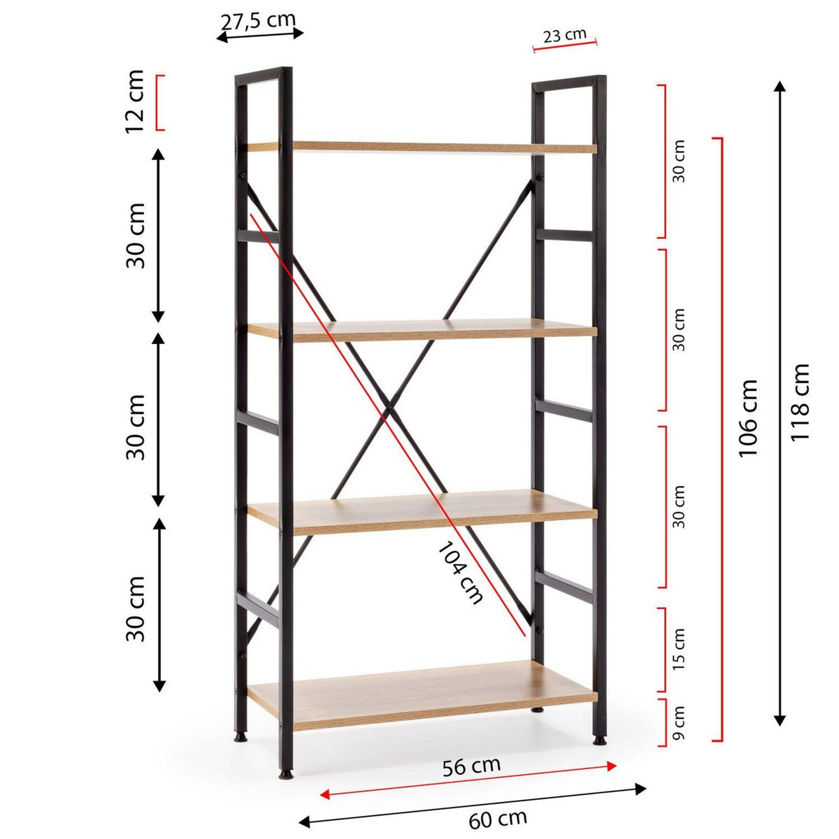 VS VENTA-STOCK Étagère bibliothèque Virginia bois 4 Étagères, pour salle à manger