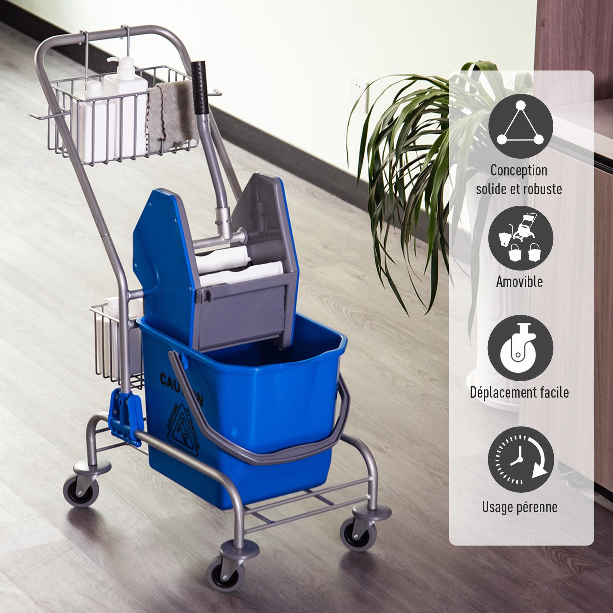 Voir la diapositive 6 : HOMCOM Chariot de lavage chariot de nettoyage professionnel en acier presse à mâchoire seau + rangements bleu