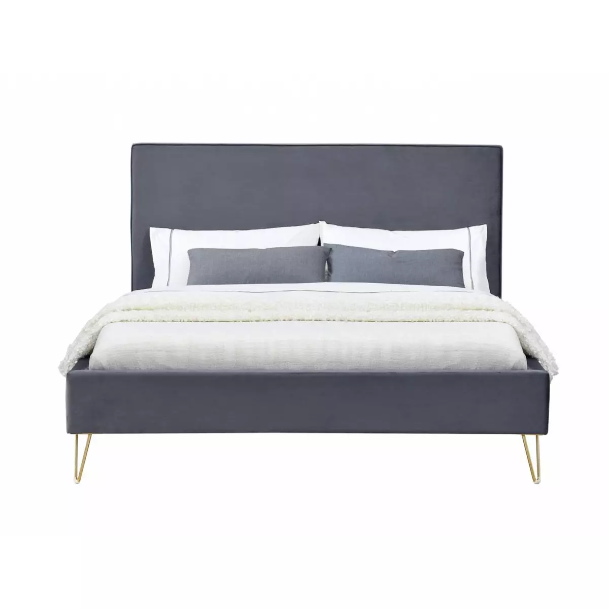 CONCEPT USINE Cadre de lit en velours gris & pieds laiton 140x190 cm RIVERSIDE