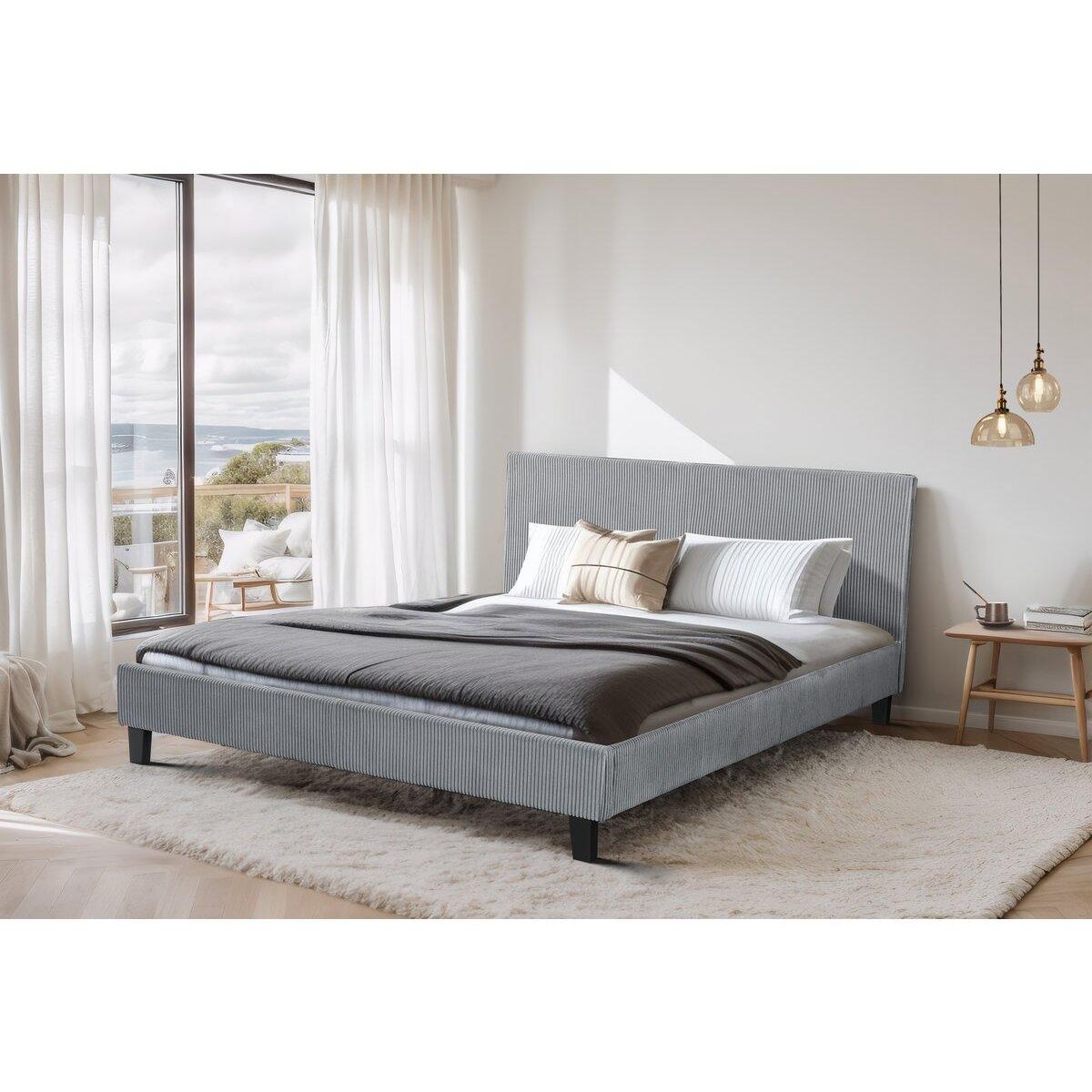 Habitat et Jardin Lit en Velours Cotelé  Ambre  - 140 x 190 - Gris