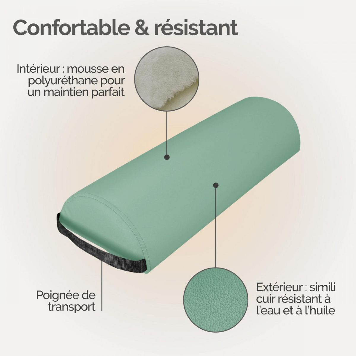 VIVEZEN Traversin, coussin demi-rond 66 cm x 22 cm x 12 cm pour table de massage