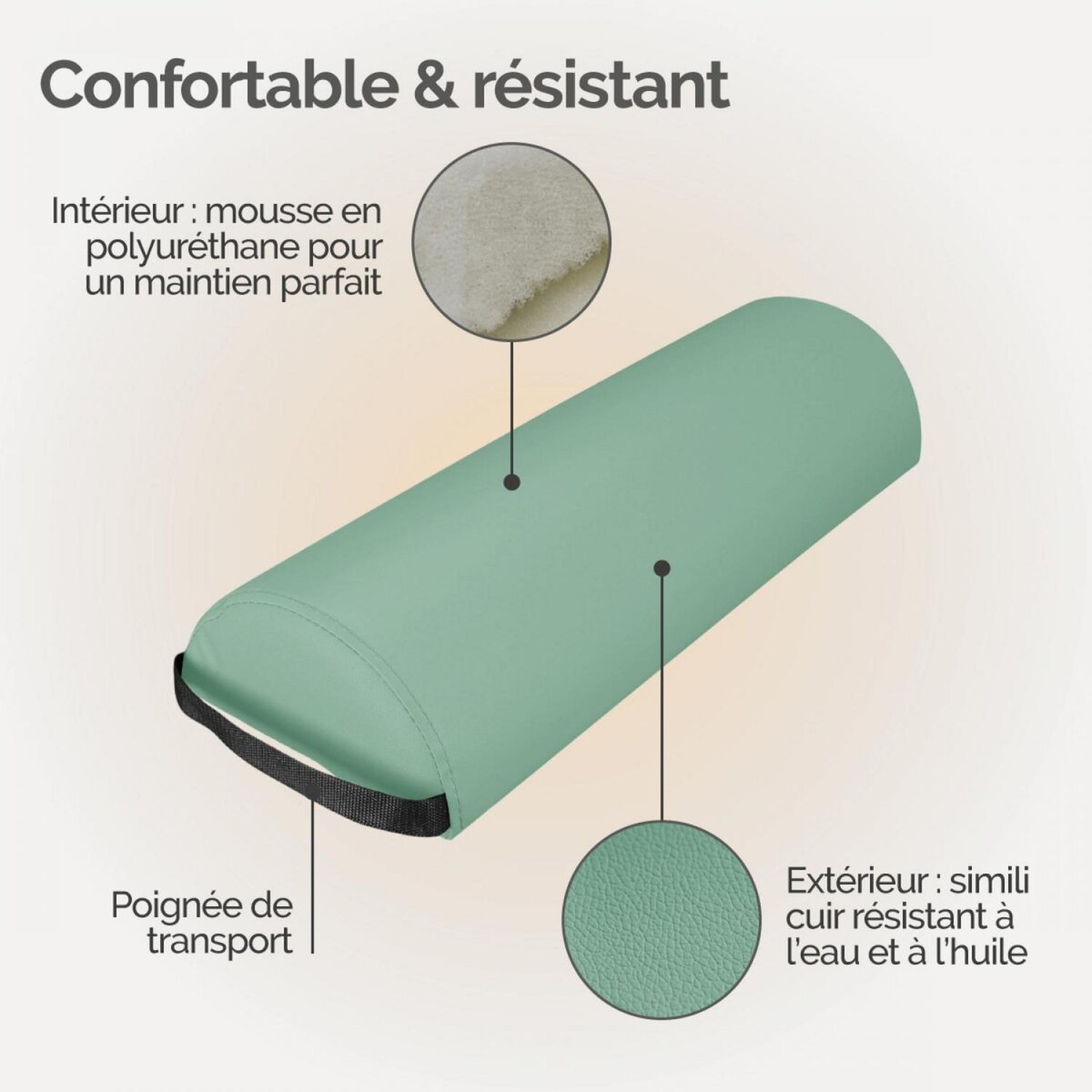 VIVEZEN Traversin, coussin demi-rond 66 cm x 22 cm x 12 cm pour table de massage