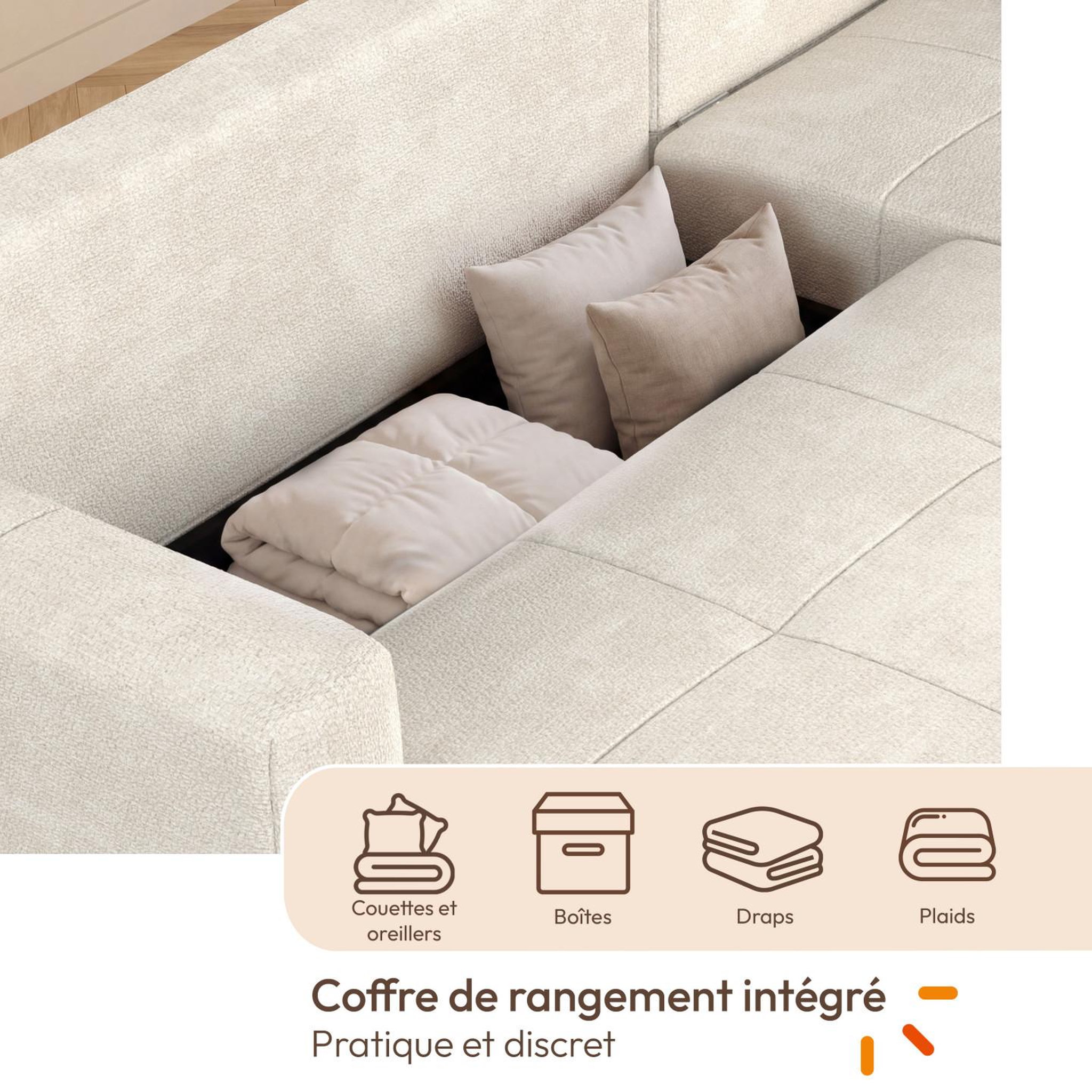 Voir la diapositive 6 : ID MARKET Canapé d'angle convertible 4 places NUAGE 240 cm avec coffre de rangement en tissu chenille crème