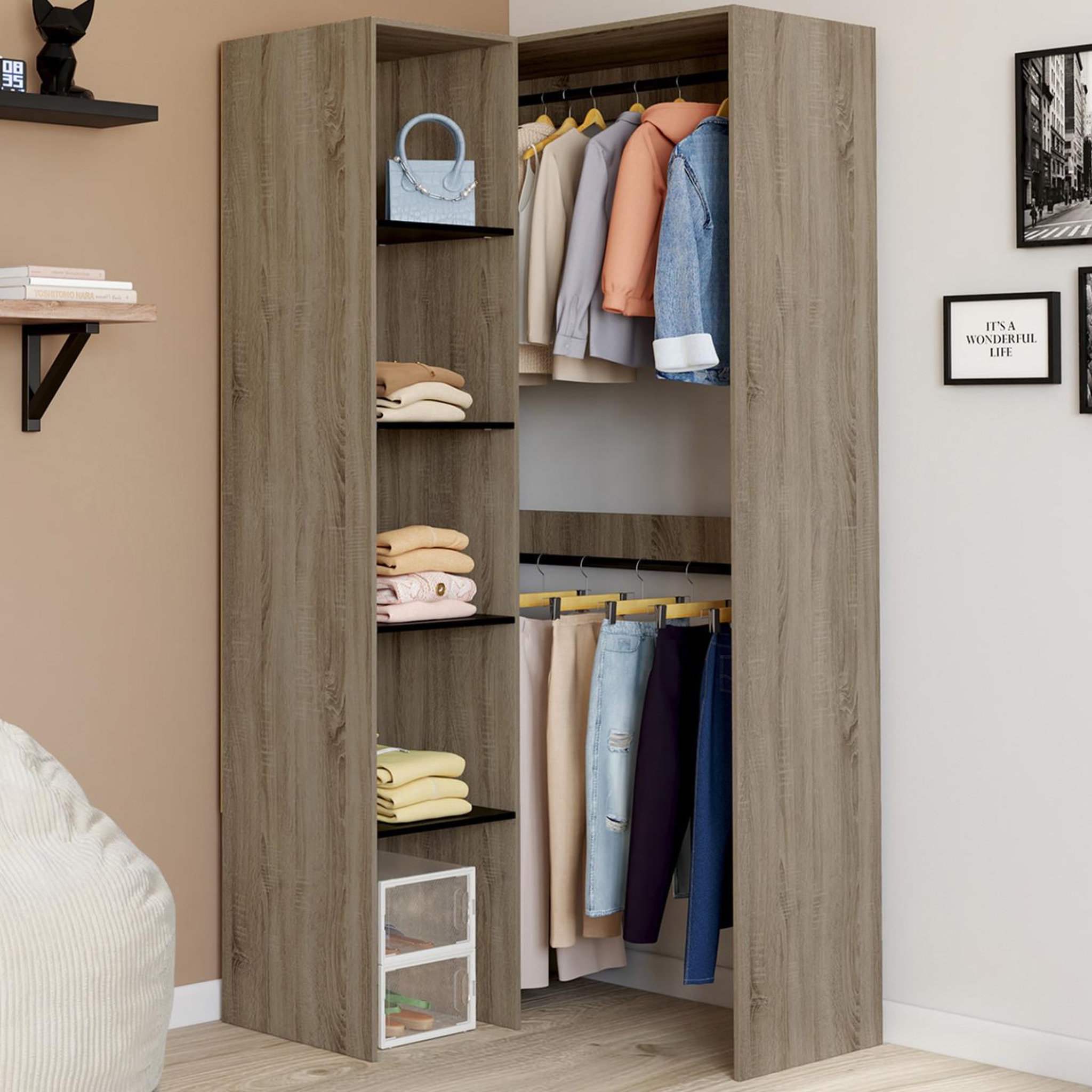 Voir la diapositive 2 : ID MARKET Dressing d'angle modulable l. 90 / 127 cm melman double penderie + étagères bois et noir