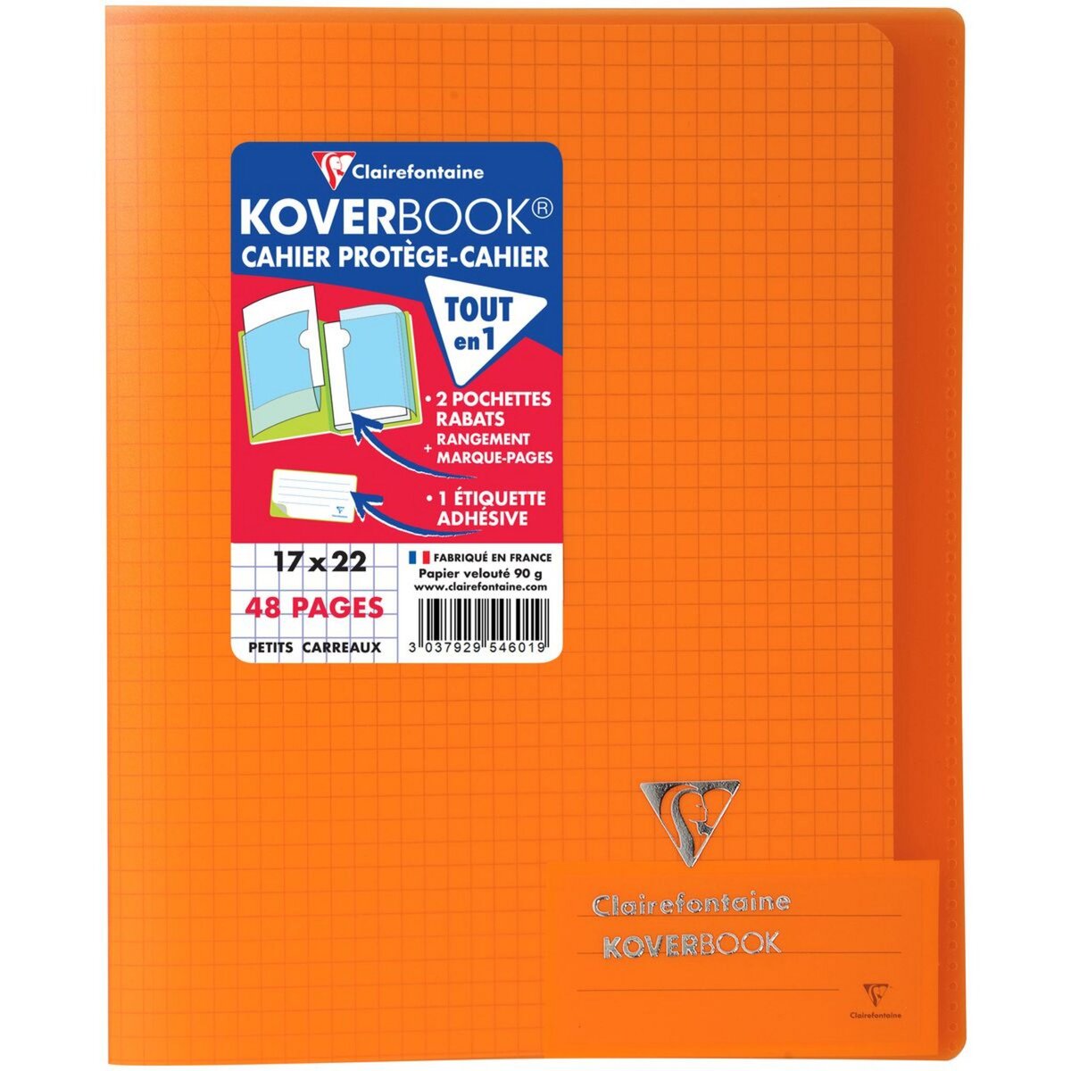 CLAIREFONTAINE Cahier piqué polypro Koverbook 17x22cm 48 pages petits carreaux 5x5 translucide orange