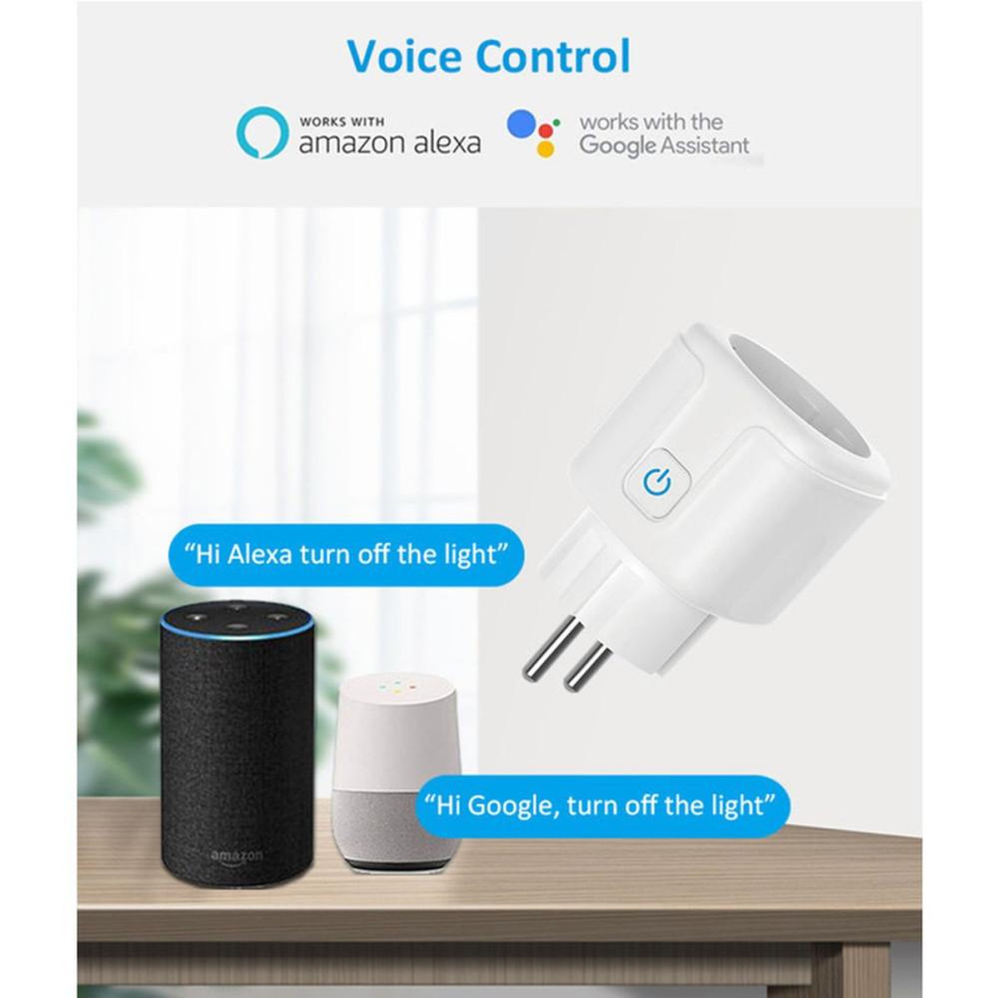 Voir la diapositive 4 : Prise connectée Wi‑Fi Mini 16 A 2,4 GHz commande vocale Alexa/Google, application et minuterie