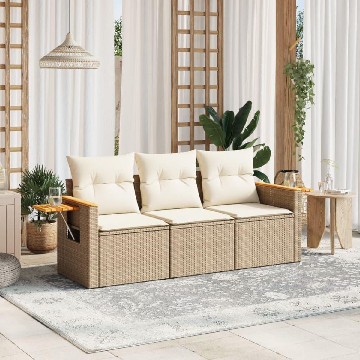 VIDAXL Salon de jardin avec coussins 3 pcs beige resine tressee