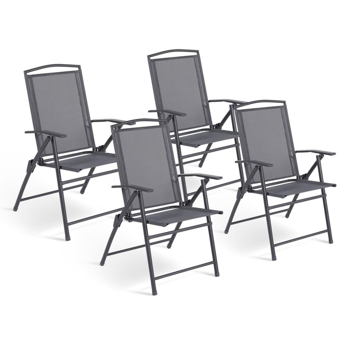 ID MARKET Lot de 4 chaises de jardin pliantes avec accoudoirs ALGHERO métal et textilène gris anthracite