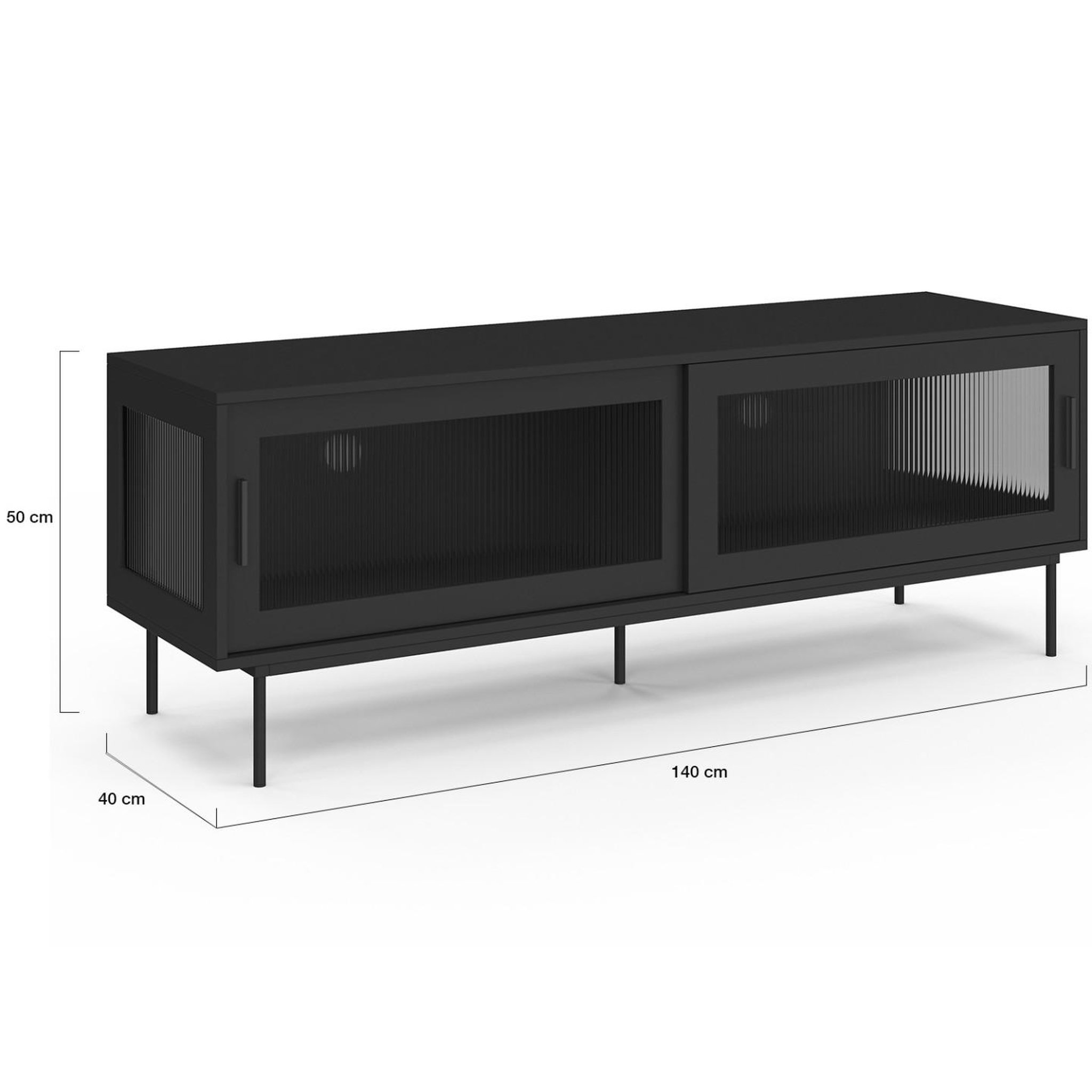Voir la diapositive 5 : ID MARKET Meuble tv 140 cm zineb 2 portes coulissantes vitrées façade cannelée noir