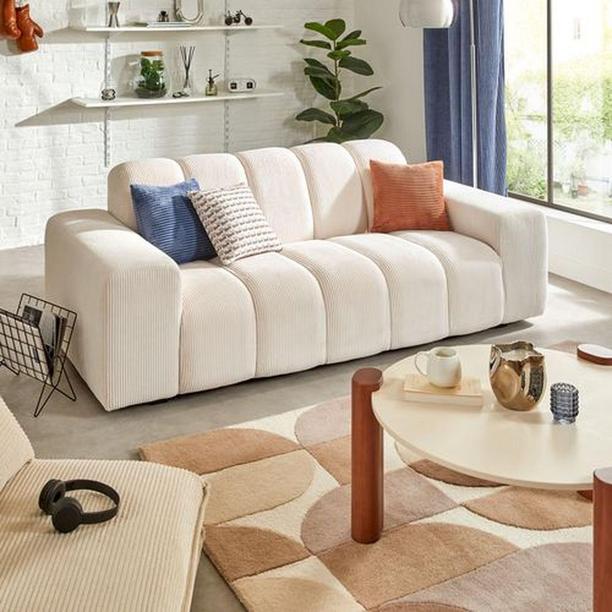 ATMOSPHERA Canapé fixe en tissu côtelé PALMA - 3 places - Ivoire